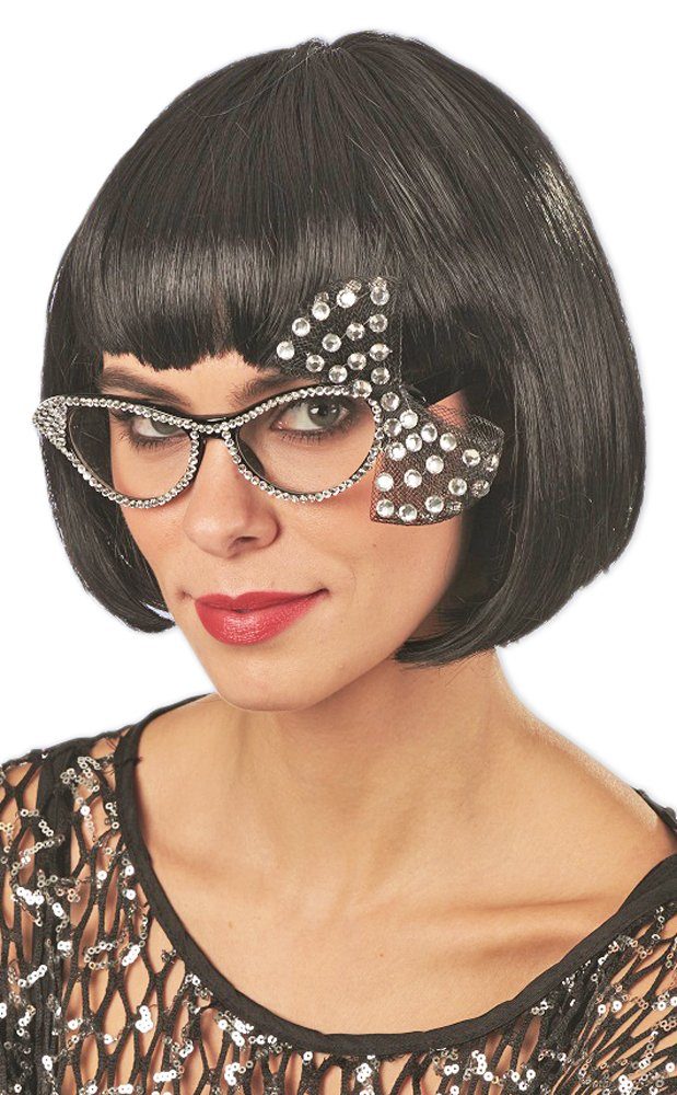 andrea-moden Verkleidungsmaske Cat Eye Brille mit Strass und Schleife - Schwarz K