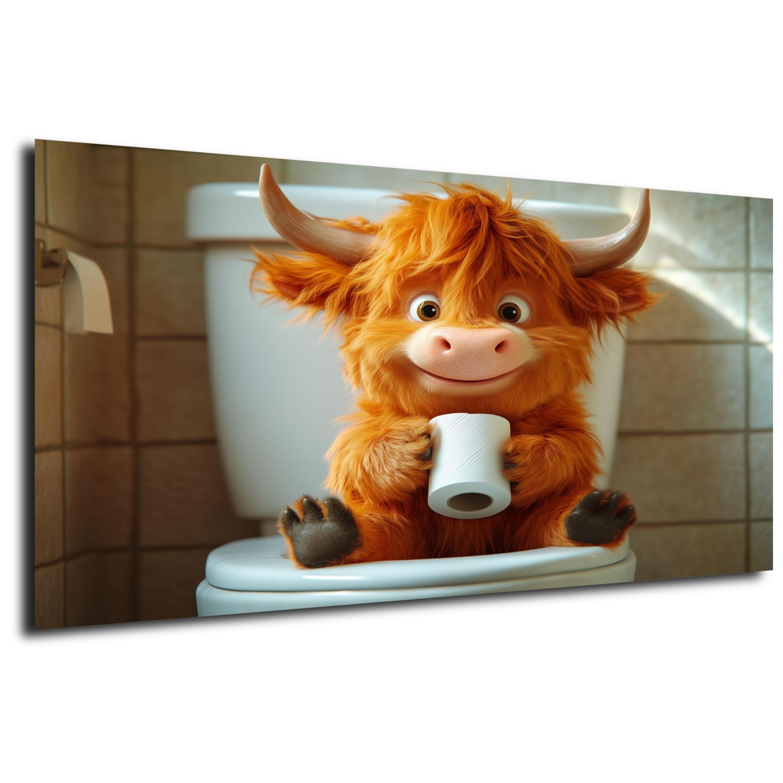 DARO Design Wandbild WC Tiere Bunt Wandbilder Wand Deko Bad Leinwandbild, (Hochlandrind 2 - Bild groß Badezimmer Gäste-WC Flur Diele Einteilig Querformat Fotodruck Badezimmer-Humor Bunt), 50x70 cm