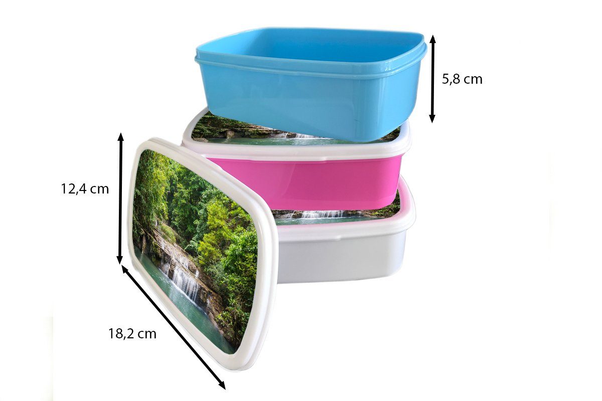 für Kinder, Brotdose eines entlang Bäume (2-tlg), Kunststoff Mädchen, Snackbox, im, Erwachsene, Wasserfalls rosa Lunchbox MuchoWow Grüne Flusses Brotbox des oberhalb Kunststoff,