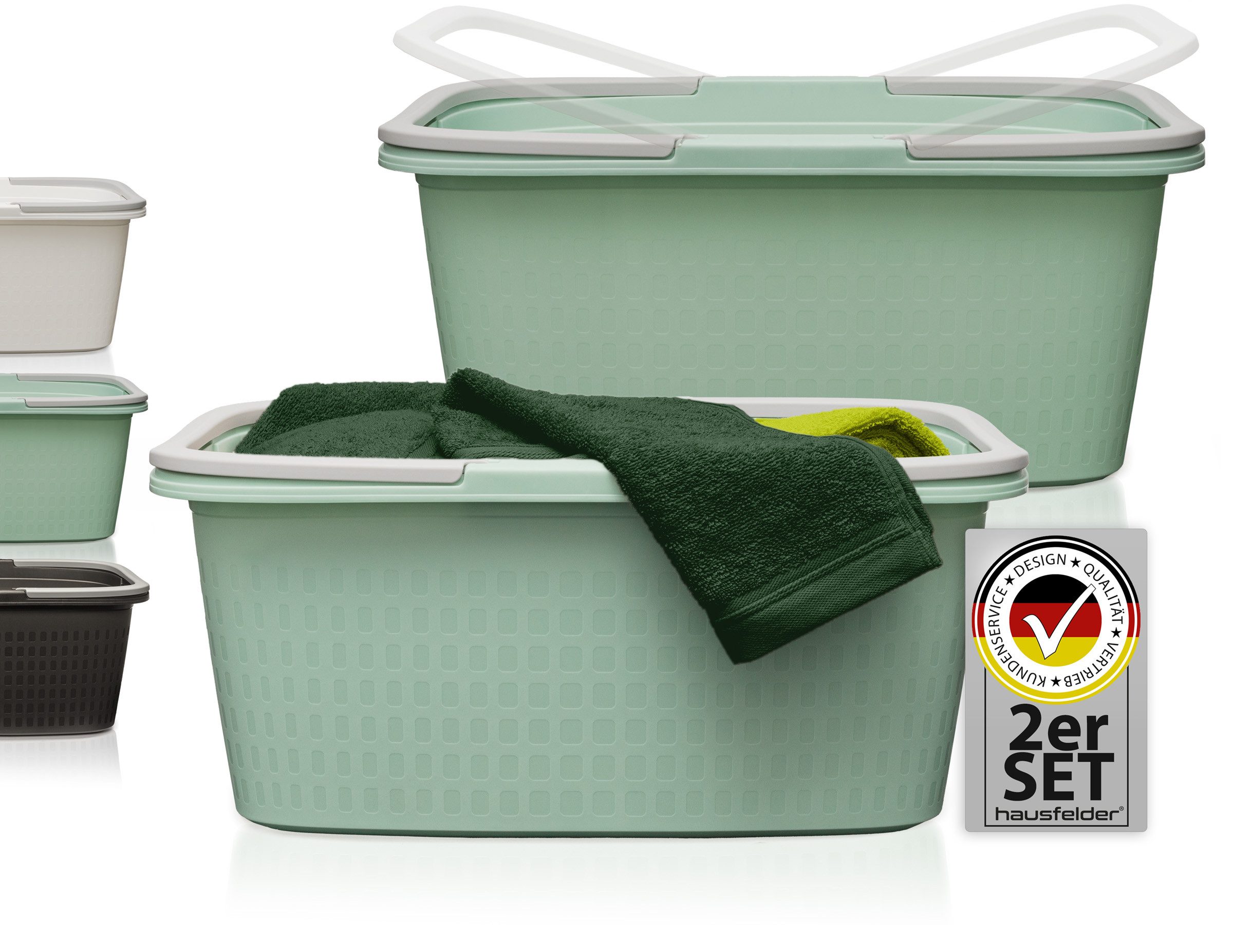 Hausfelder Wäschekorb Wäschewanne 58x37x25cm (Jadegrün, 2 Wannen, 35 l) (Set, 2 St., 2 x Wäschewannen), mit klappbaren Henkeln, mit Griffen, 35 Liter
