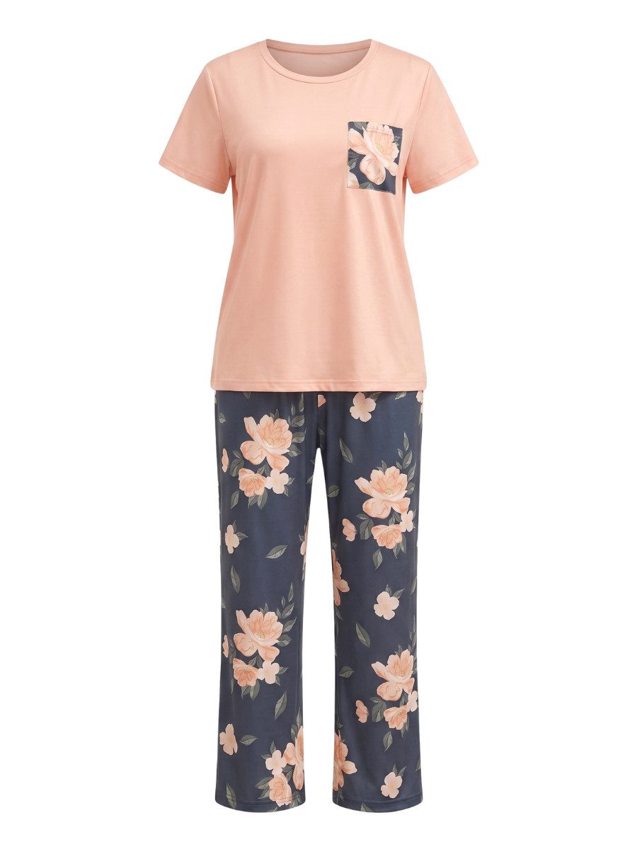 Elegant Love Pyjama Damen Schlafanzug Set mit Blumenmuster – Bequeme Nachtwäsche (Set, 2 tlg., kurzarm T-Shirt und lange Hose) Elegante Loungewear & Homewear für ein gemütliches Zuhause