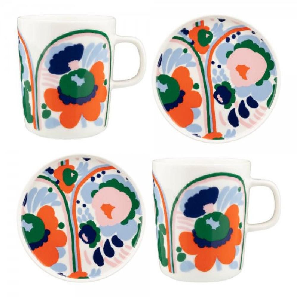 Marimekko Geschirr-Set Geschirr-Set Oiva Karuselli Weiß Hellblau Orange (4-teilig)
