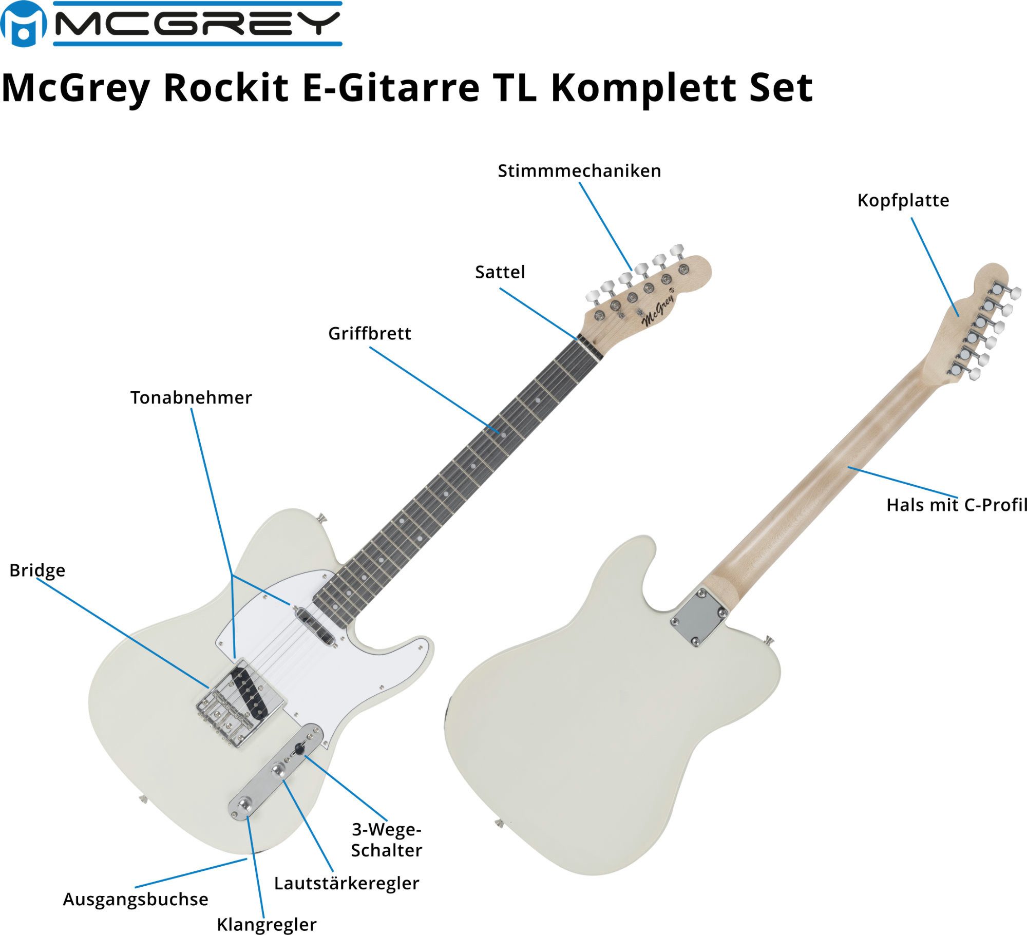 McGrey E-Gitarre Rockit elektrische Gitarre, TL-Style, Komplettset 4/4, 8-St., inkl. Verstärker, Tasche, Stimmgerät, Plektren, Gurt und Kabel, 10 Watt (RMS) Gitarrenverstärker inklusive!