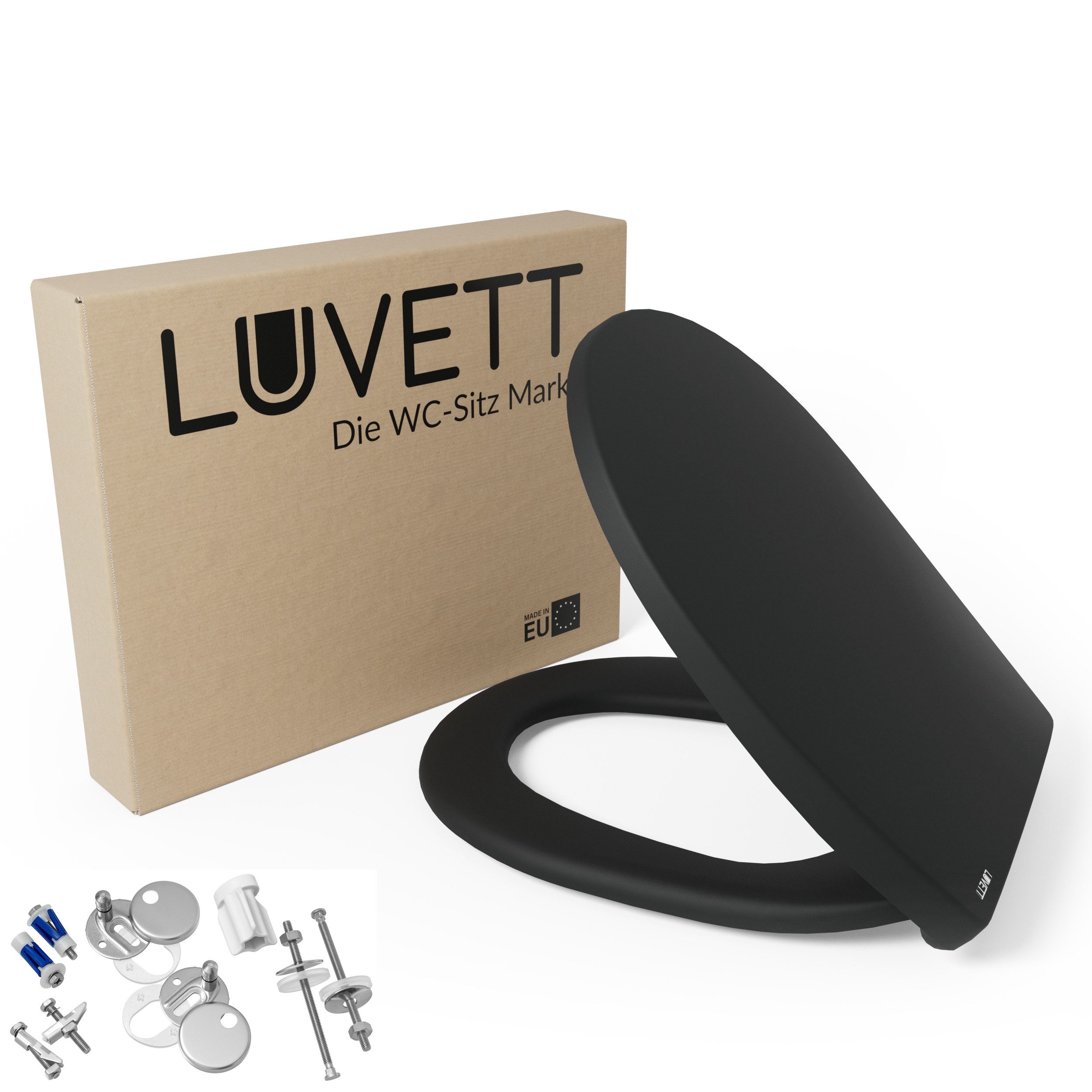 LUVETT WC-Sitz C100 mit Absenkautomatik, Duroplast sanitär, Universelle O-Form (Komplett-Set, Inklusive 3 Befestigungsarten), mit Original SoftClose® Absenkautomatik, Duroplast