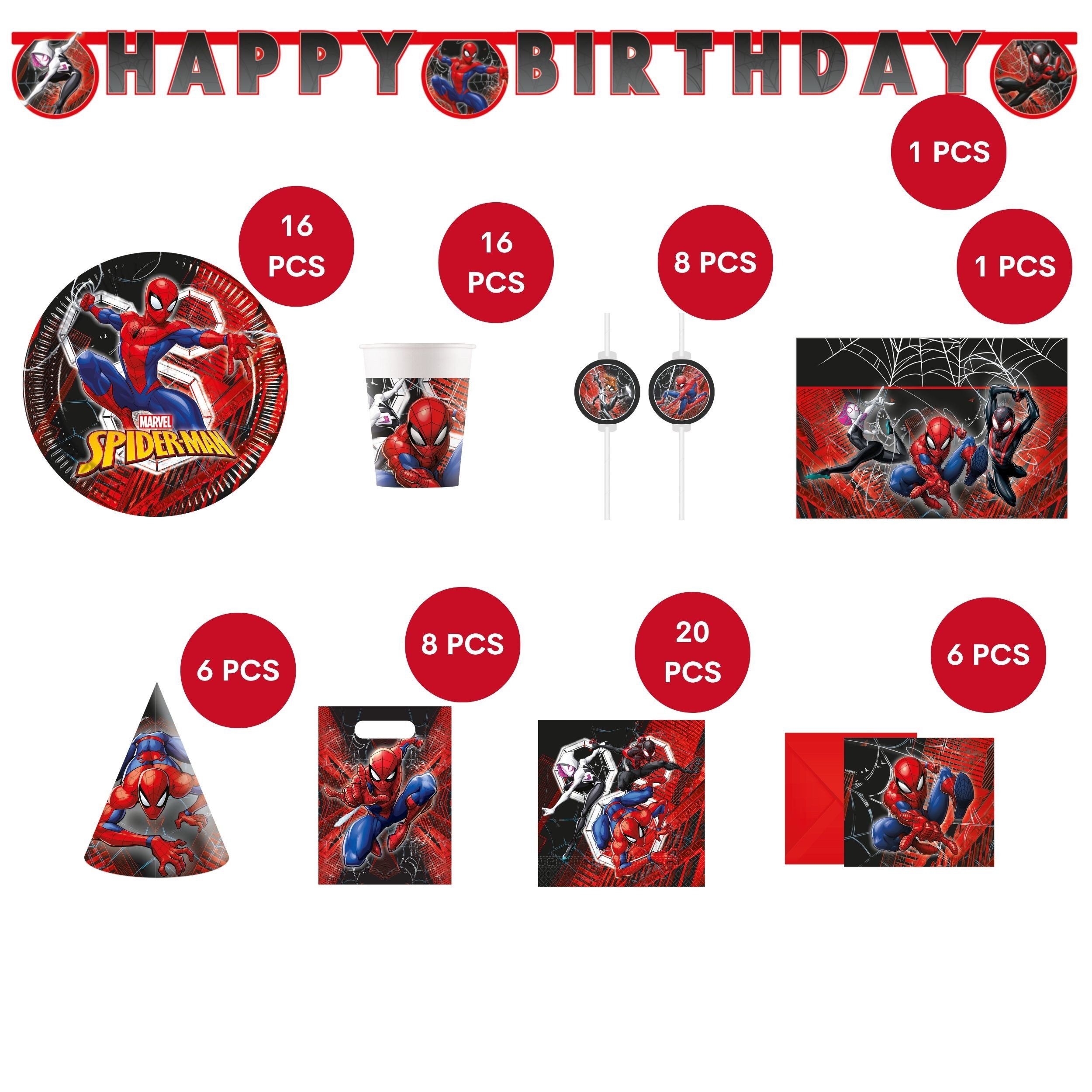 Procos Einweggeschirr-Set 82-tlg. Spiderman World Of Webs Partyset für Kindergeburtstag, 16 Personen