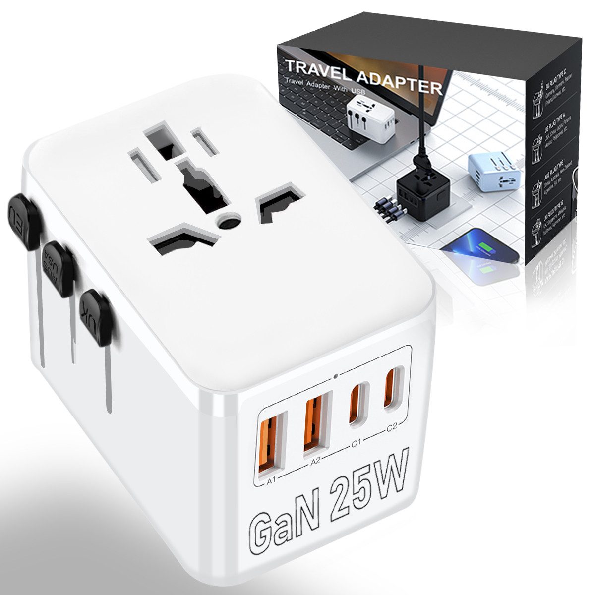 2025 Neuer 25W GaN Reiseadapter Weltweit,5-in-1 Universal Reisestecker Reiseadapter