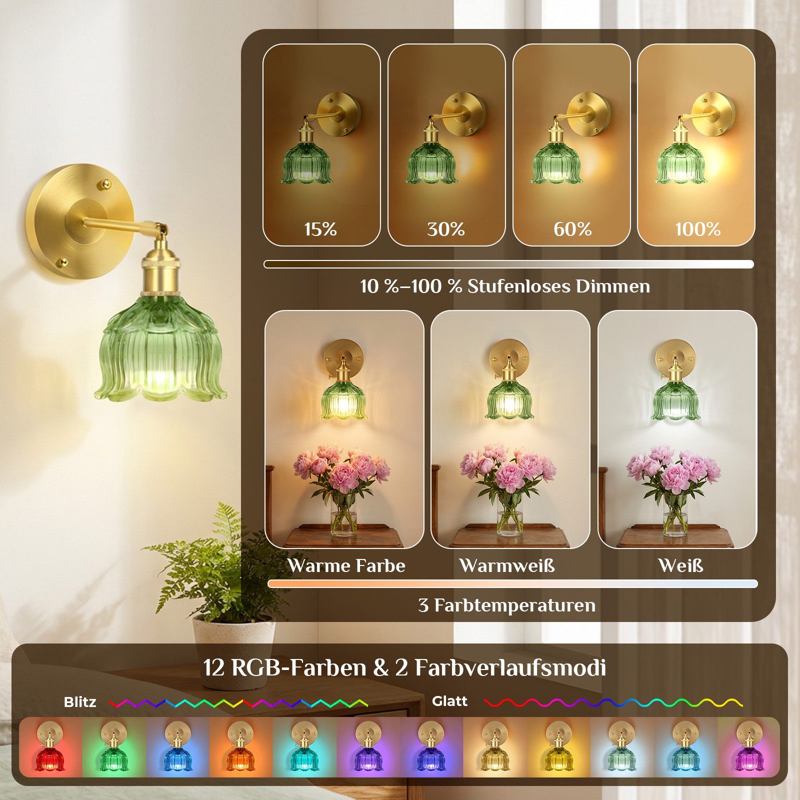 Lapalife Wandleuchte Akku Vintage Wandlampe Innen, Dimmbar,12 RGB-Modi mit Timer, LED fest integriert, Mit Fernbedienung Austauschbare Glühlampe Für Bedside Bedroom Indoor