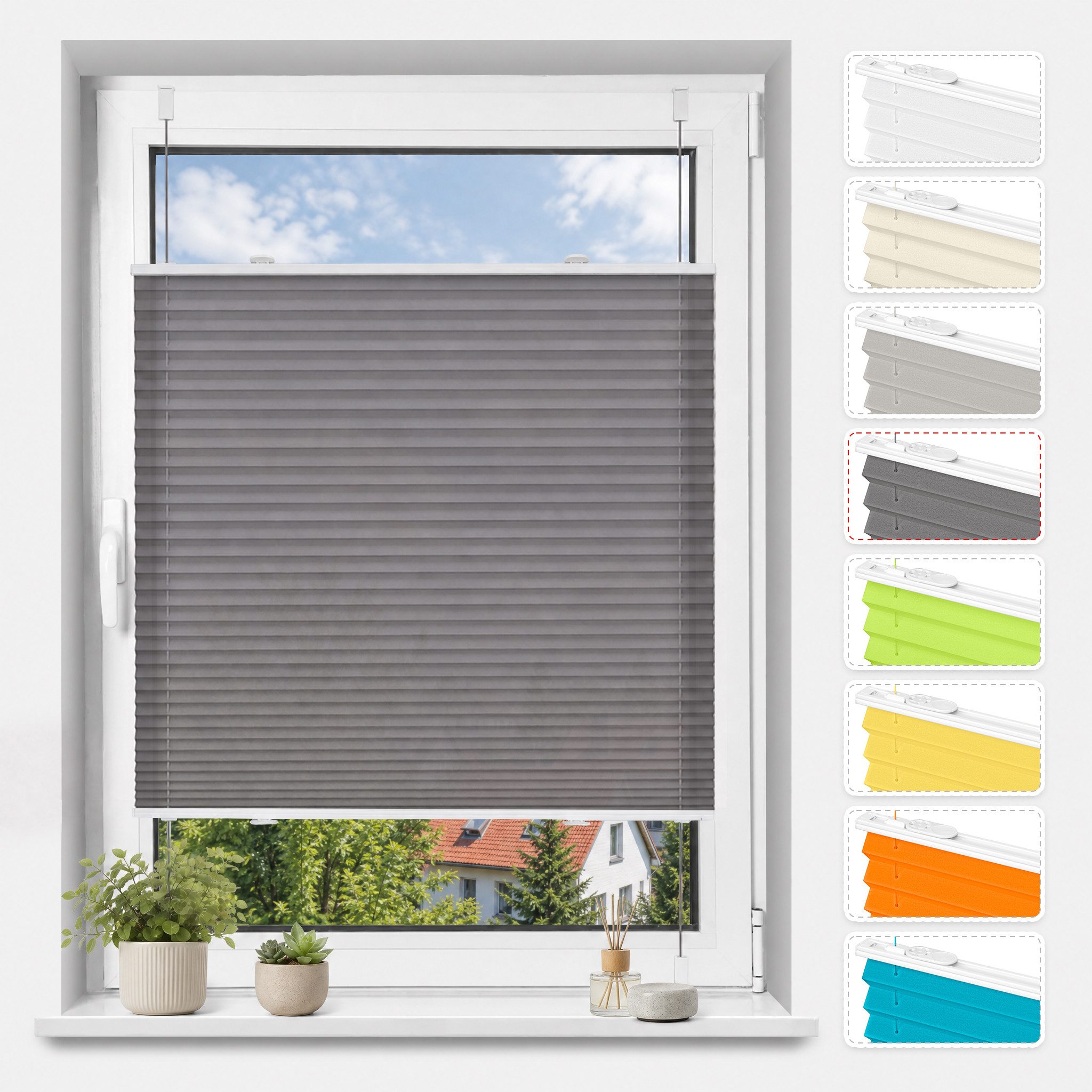 Vkele Plissee ohne Bohren Easy Fix Klemm Faltrollo, verspannt Fenster Rollo, Klemmfix,Klemmträger, Jalousie für Tür & Fenster Sichtschutz Sonnenschutz
