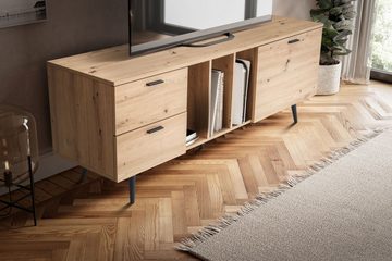 Wohnling Lowboard WL6.819 (Eiche-Dekor, 150x55x40 cm, zwei Schubladen), TV-Kommode Hoch, TV-Schrank Modern Fernsehtisch