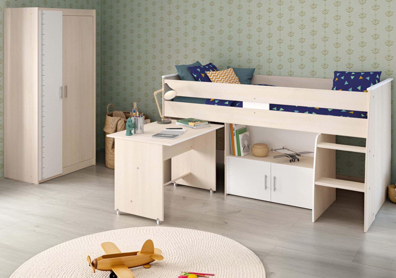 Parisot Jugendzimmer-Set Charly, (Hochbett (90x200) inkl. Schreibtisch und Kleiderschrank), kein Lattenrost erforderlich