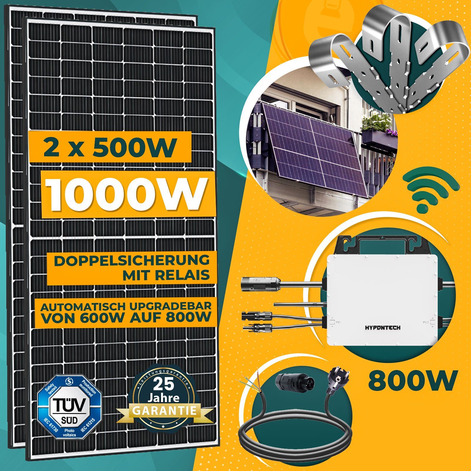 Solaranlage enprovesolar 1000W und Komplettset Upgradefähiger 500W Eckige Balkongeländer 10M PV-Montage Hypontech 800W WIFI Solarmodule, Schuko inkl. Stecker Wechselrichter, Balkonkraftwerk