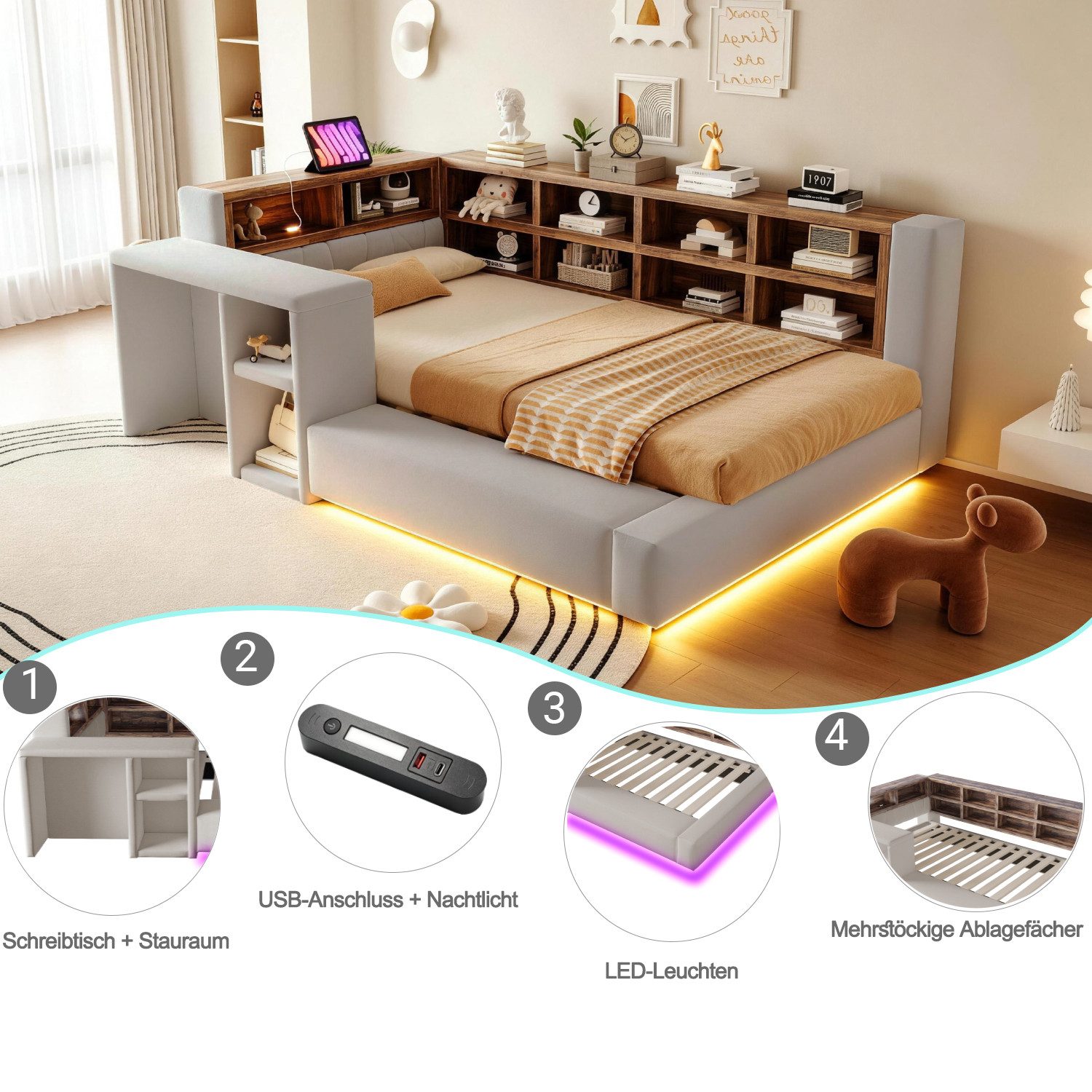 Merax Daybett 90x200cm mit LED-Beleuchtung und Steckdosen (Samt Jugendbett Sofabett Schlafsofa Kinderbett, 1 tlg), Polsterbett mit gepolstertem Kopfteil, Staura – Bild 5 von 5