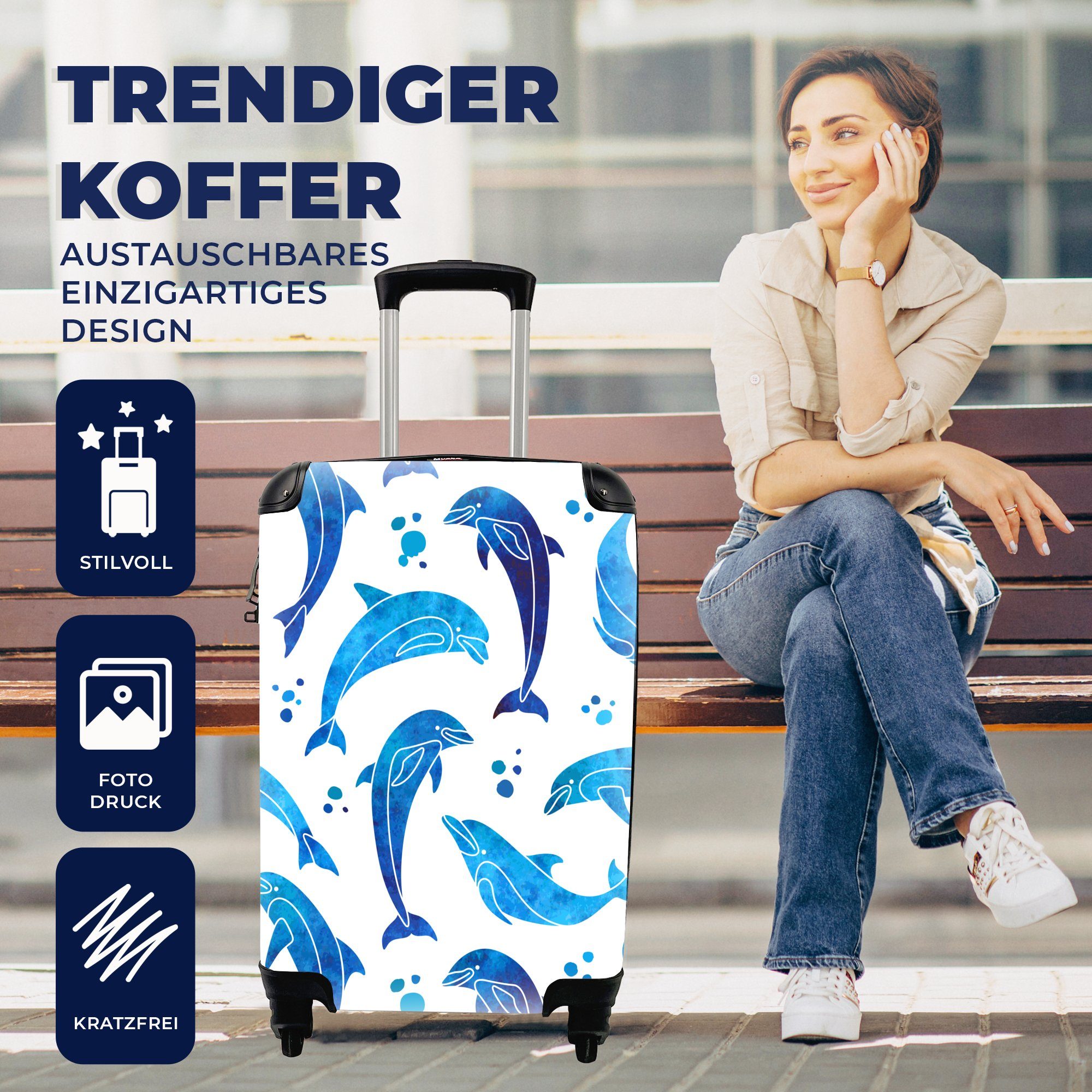 Reisekoffer rollen, - für - - Mädchen Muster Kinder, MuchoWow Handgepäck - Tiere - - Reisetasche mit Rollen, Mädchen Trolley, Delphin Ferien, Kinder 4 Handgepäckkoffer