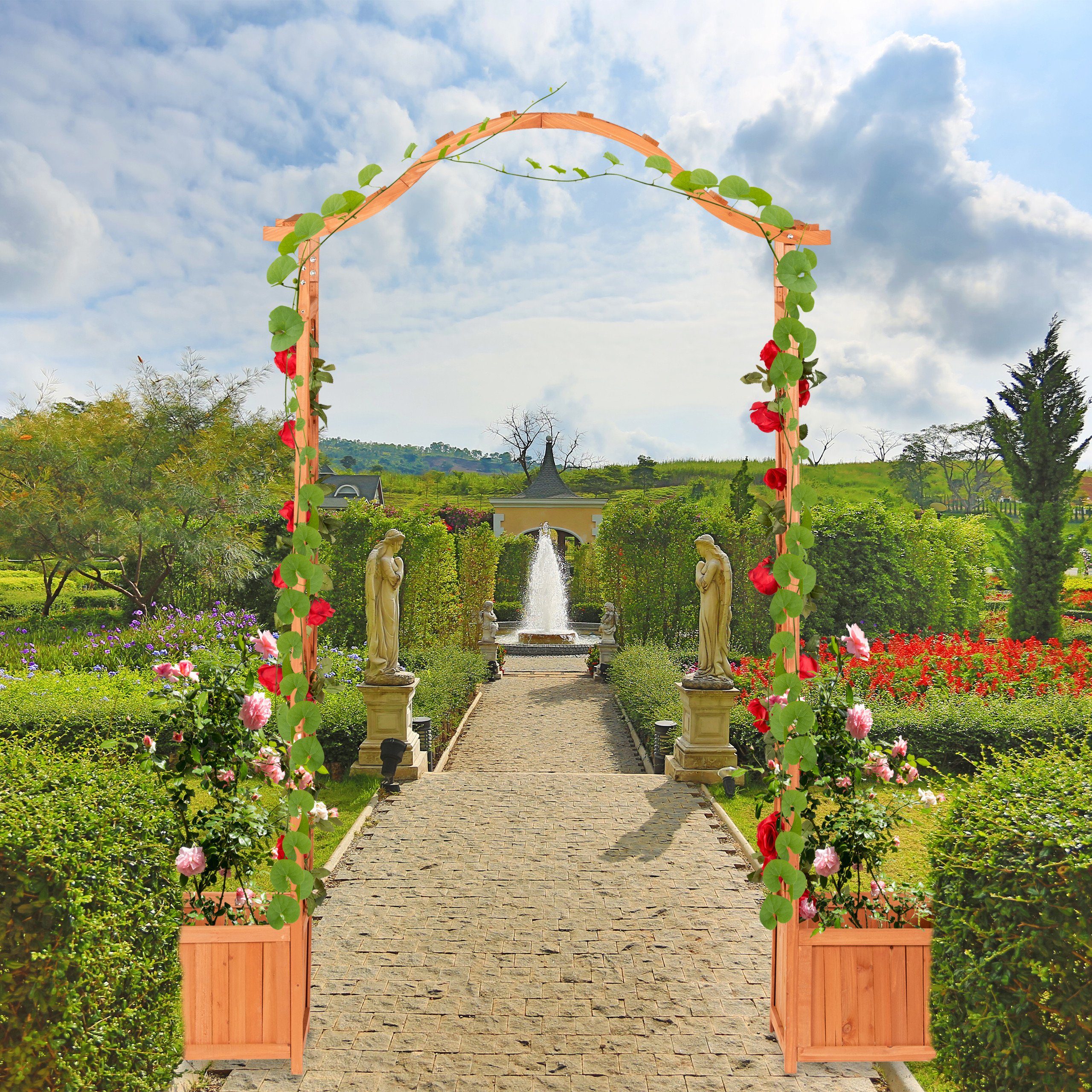 relaxdays Rosenbogen Holz-Rosenbogen mit 2 Pflanzkübeln günstig online kaufen