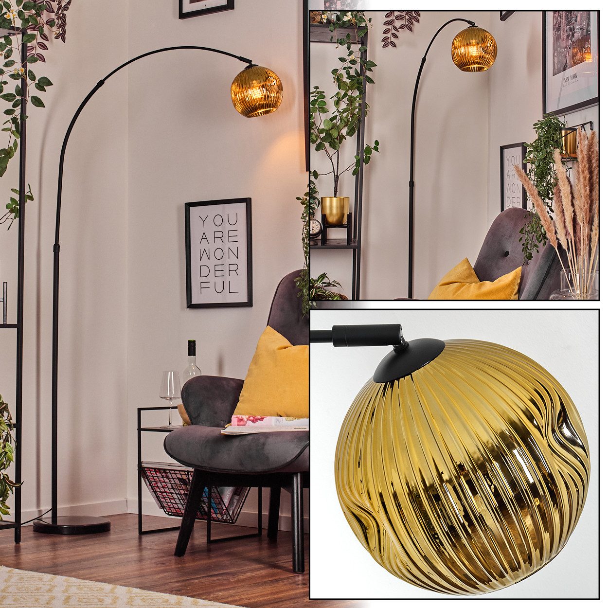 hofstein Bogenlampe Stehlampe aus Metall/Riffelglas in Schwarz/Gold mit Marmorfuß, verstellbare Leuchte im Retro-Design (Schirm Ø 20cm), Fußschalter, E27