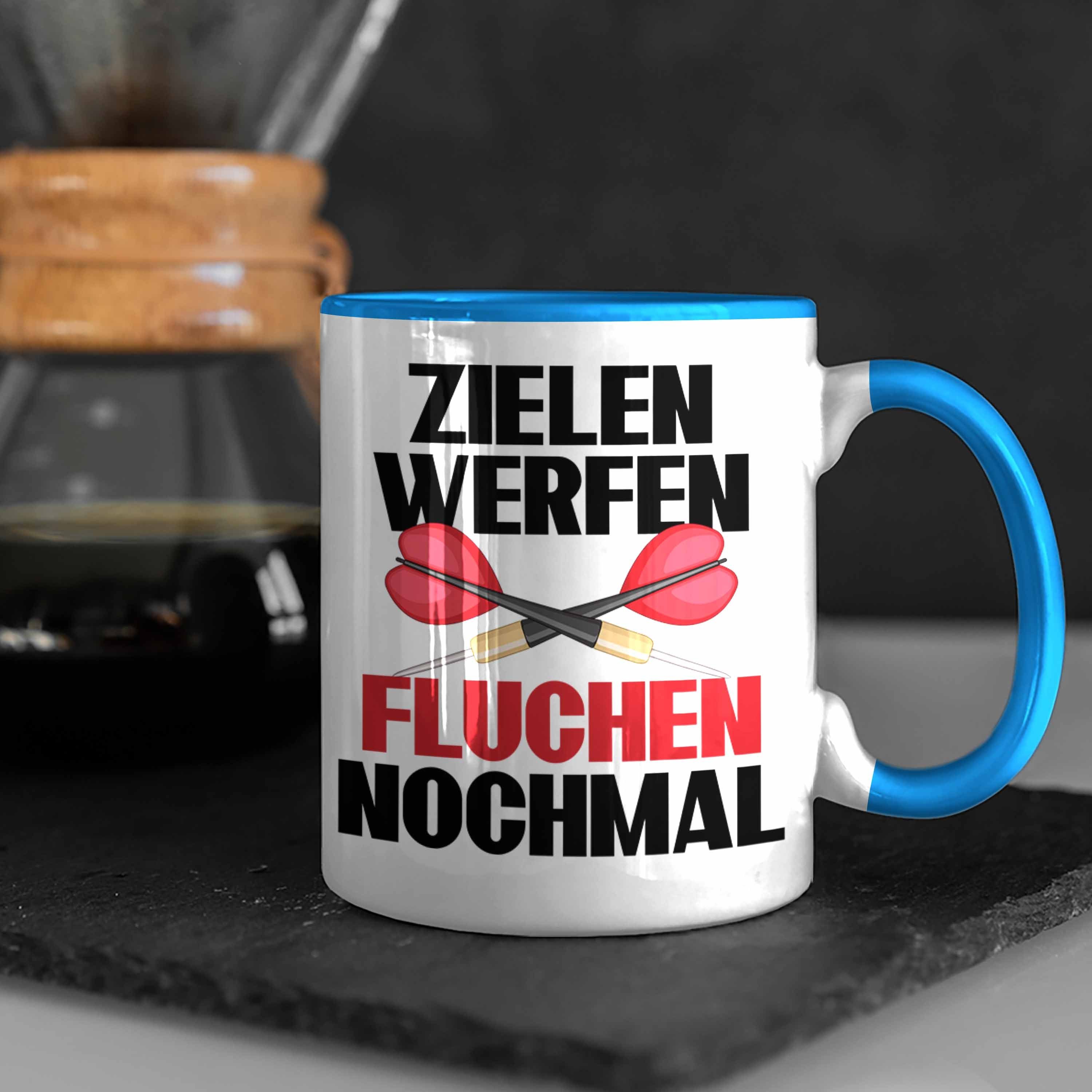 Trendation Tasse Trendation - Blau Fluchen Geschenk Geschenkidee Spruch Tasse Nochmal Lustiger Darts Dart-Spieler Zielen Werfen