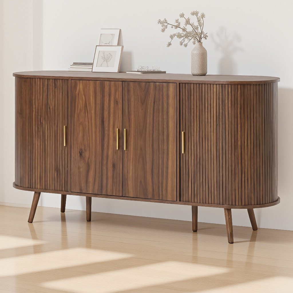 Totnz Sideboard mit 2 Drehtüren und 2 Schiebetüren, mit verstellbarem Einlegeboden (Rillendesign, Metallgriffen und Massivholzbeinen), für Esszimmer und Flur
