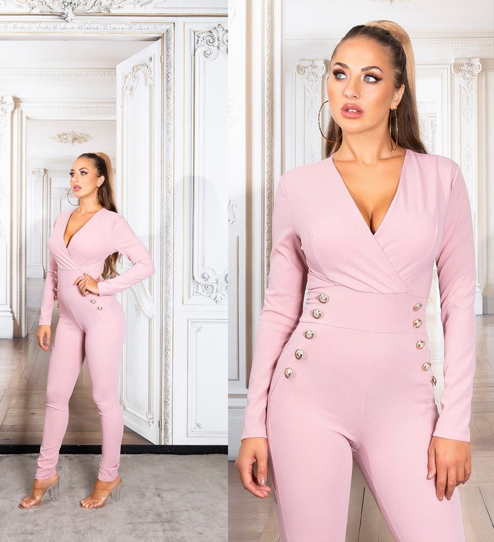 Jumpsuit V-Ausschnitt Koucla rosa Langarm-Overall mit eleganter