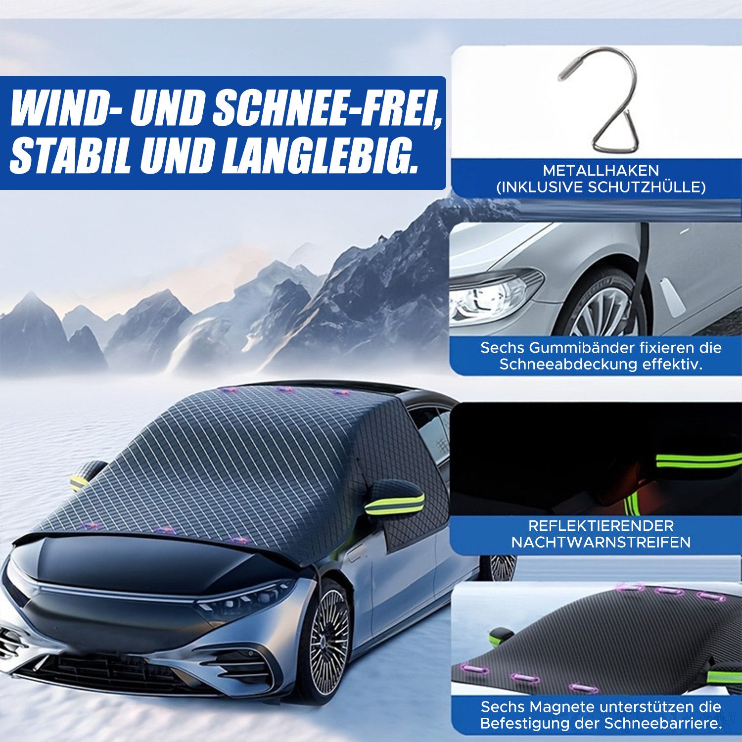 Refttenw Windscreen Cover with 6 Magnets & 4 Straps, Car Cover Winter, Car Cover, 259 x 114.3 cm, for Windscreen & Side Windows & Wing Mirrors & Door Handles