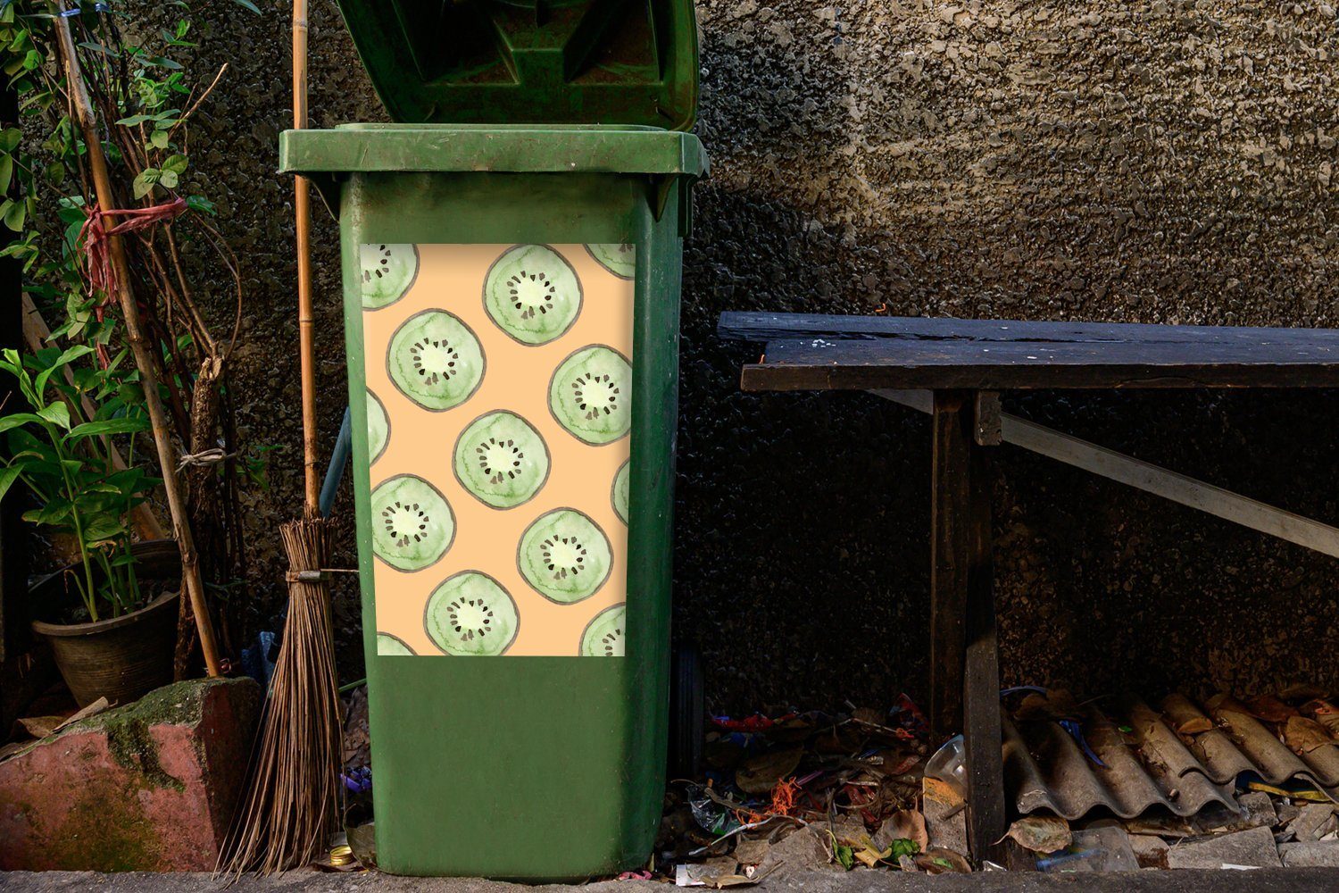 Mülltonne, MuchoWow Sticker, St), Orange - Container, Abfalbehälter Aquarell (1 Mülleimer-aufkleber, - Kiwi Wandsticker