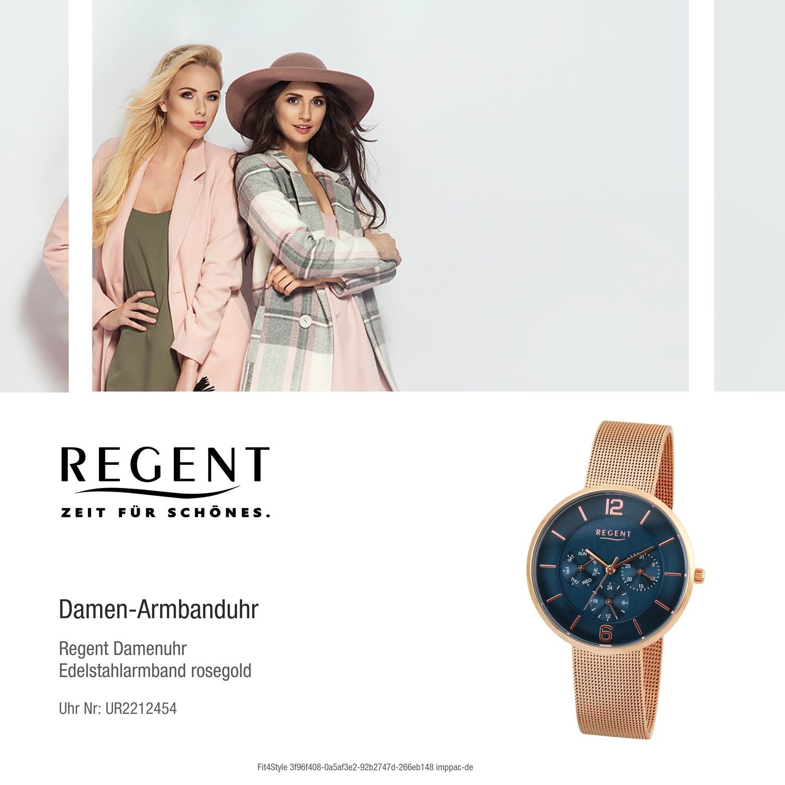 Damen Uhren Regent Quarzuhr UR2212454 Regent Damen-Armbanduhr rosegold Analog, Damen Armbanduhr rund, mittel (ca. 38mm), Edelsta