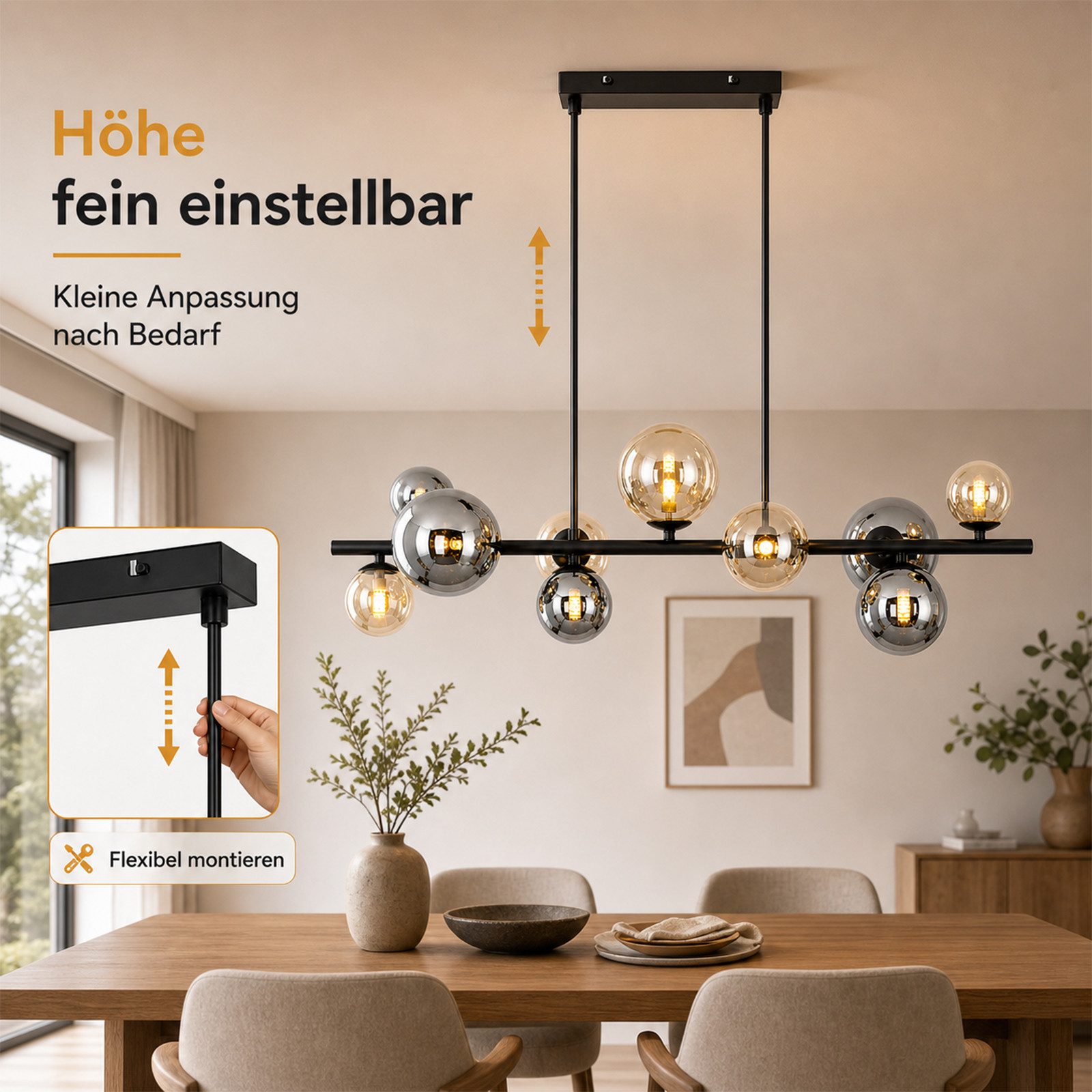 Nettlife Pendelleuchte Esstisch 10flammig Glas Schwarz Modern Hängelampe G9, ohne Leuchtmittel, für Esszimmer Wohnzimmer Schlafzimmer Kronleuchter – Bild 5 von 5