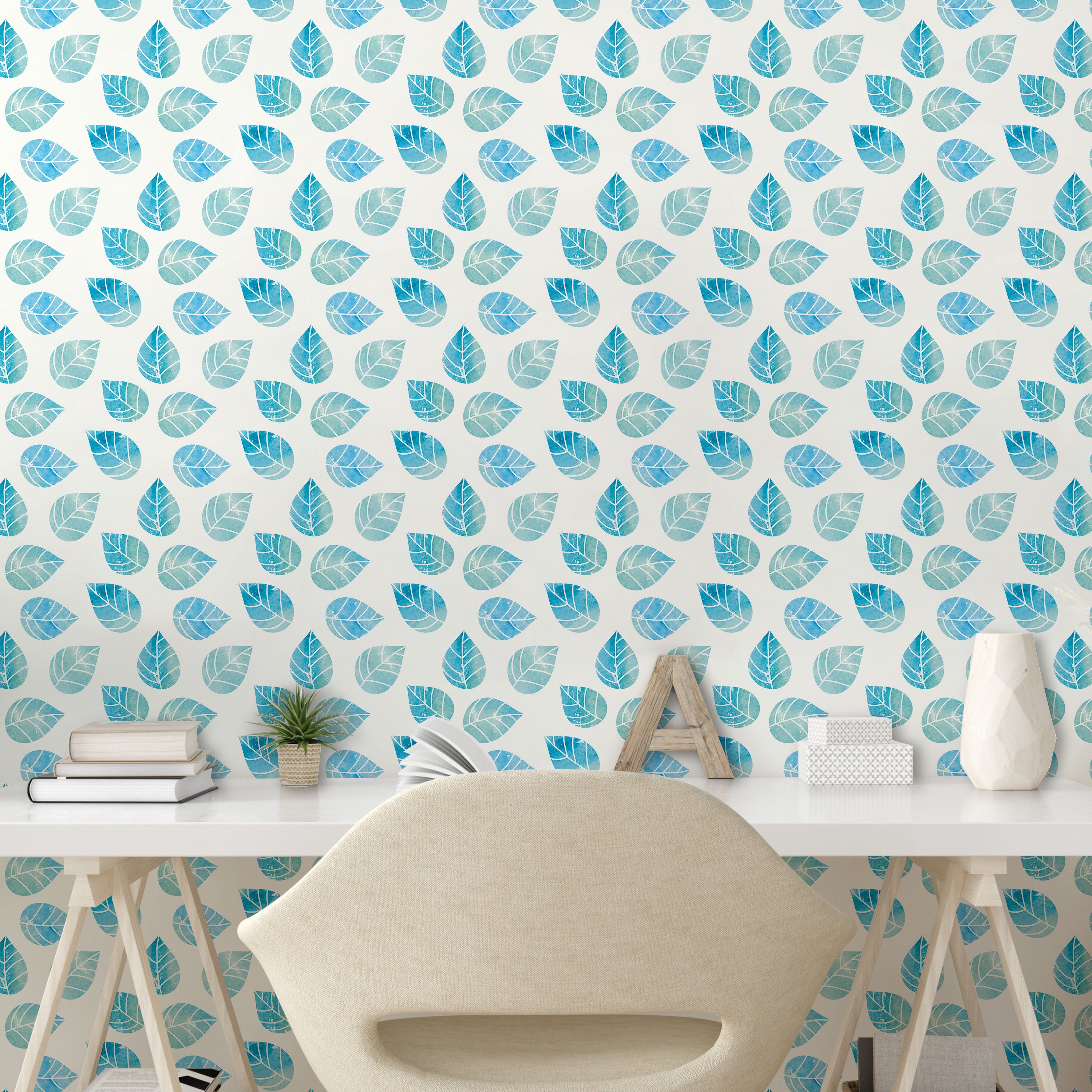 Abakuhaus Vinyltapete selbstklebendes Wohnzimmer Küchenakzent, Aquarell Blätter Blaue Gefallen