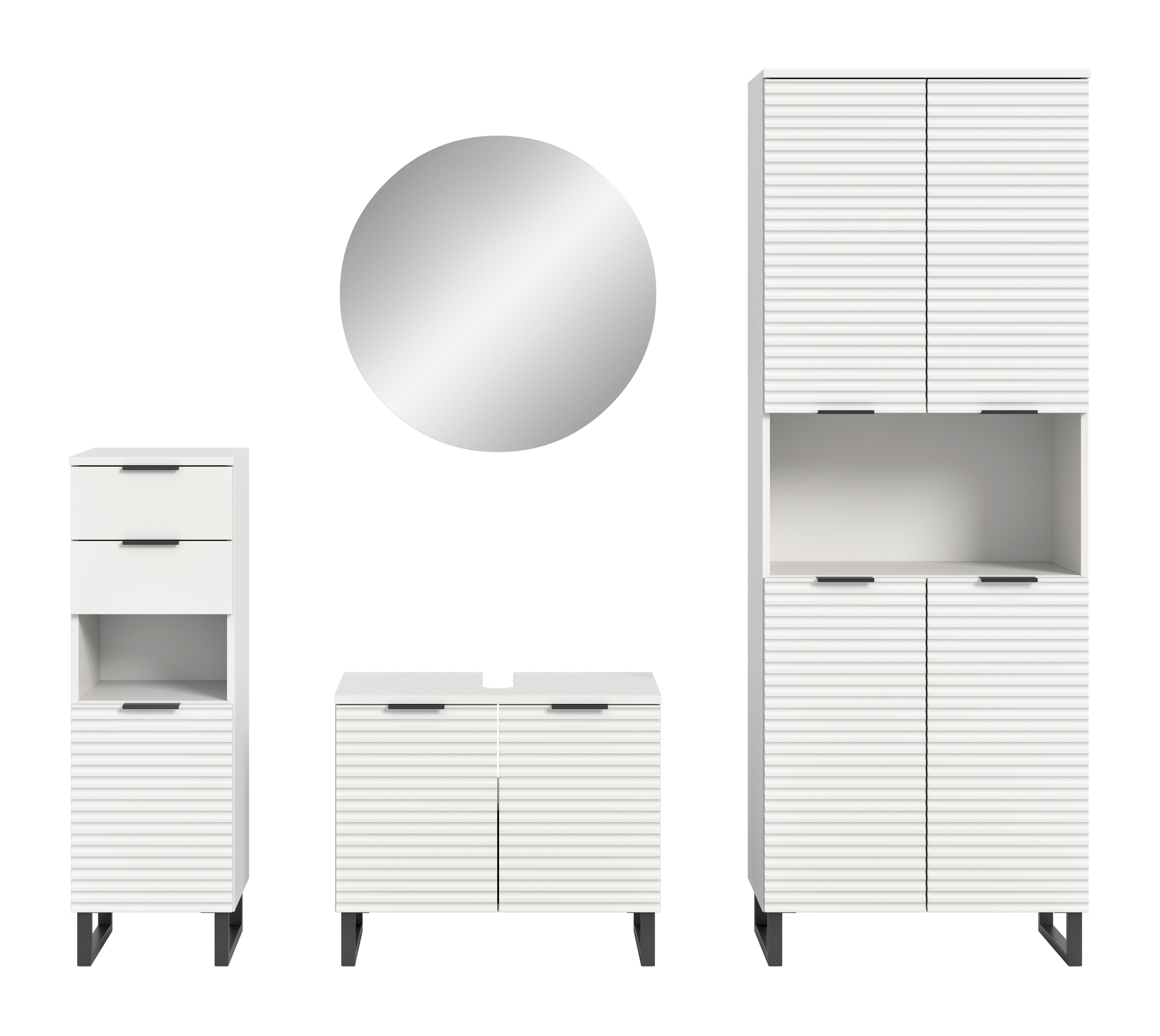 welltime Badmöbel-Set Litica, Breite 205 cm, hochwertige Rillenfräsung, Metallkufen, (4-St), Unterschrank, Waschbeckenunterschrank, Spiegelschrank, Hochschrank