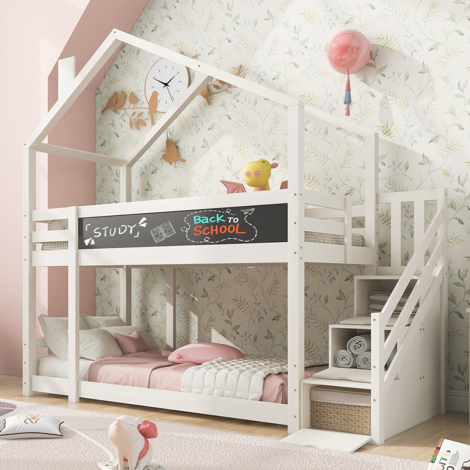 Rausfallschutz, Schlafgelegenheiten, inkl. Lattenrost Kiefer, und Treppe Holzbett aus SOFTWEARY Kinderbett Hausbett Hochbett mit 2 Etagenbett (90x200 cm),