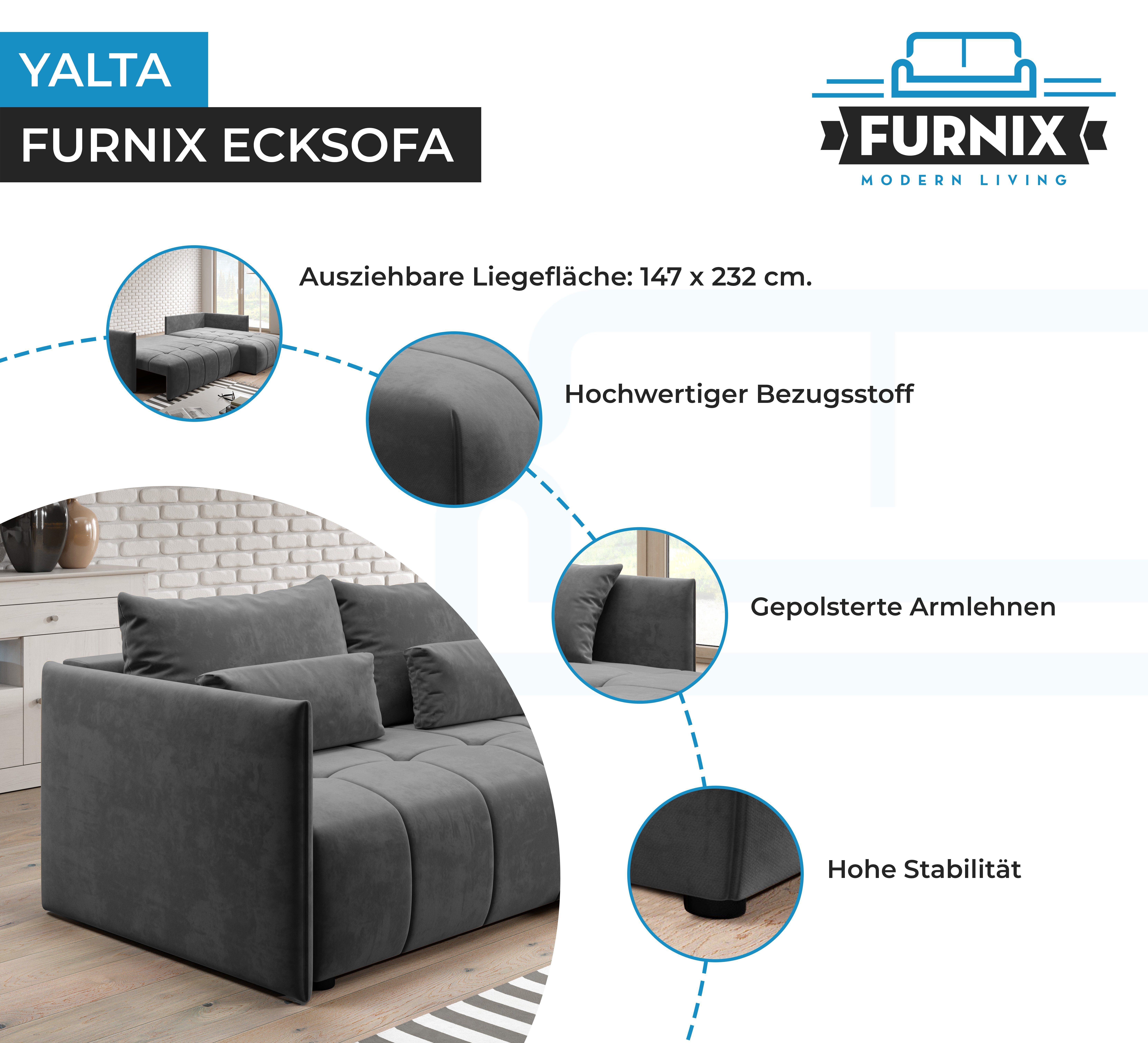 Couch Kissen, Bettkasten mit EN24 YALTA Made in ausziehbar Ecksofa Europe Schlafsofa und Dunkelgrau Furnix