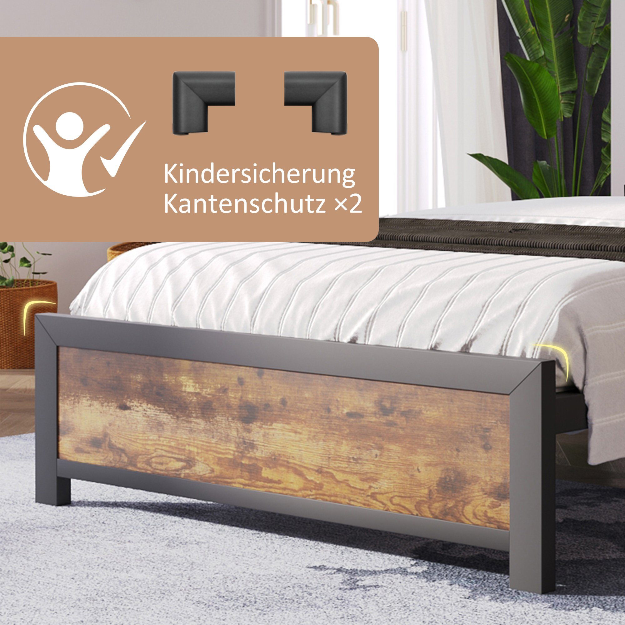 Metallbett (Jugendbett), Doppelbett 140 x 200 cm mit Stauraum-Kopfteil, Lattenrost aus Metall