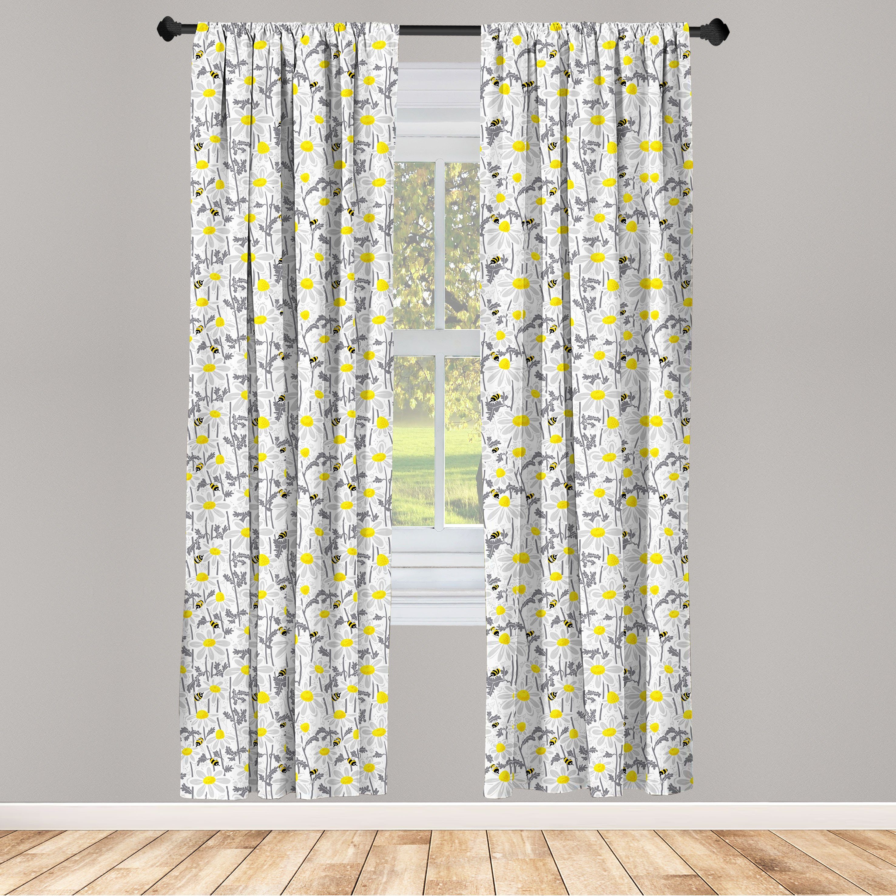 Gardine Vorhang für Wohnzimmer Abakuhaus, Microfaser, Wiese Gelb Dekor, Bienen Schlafzimmer Kamille
