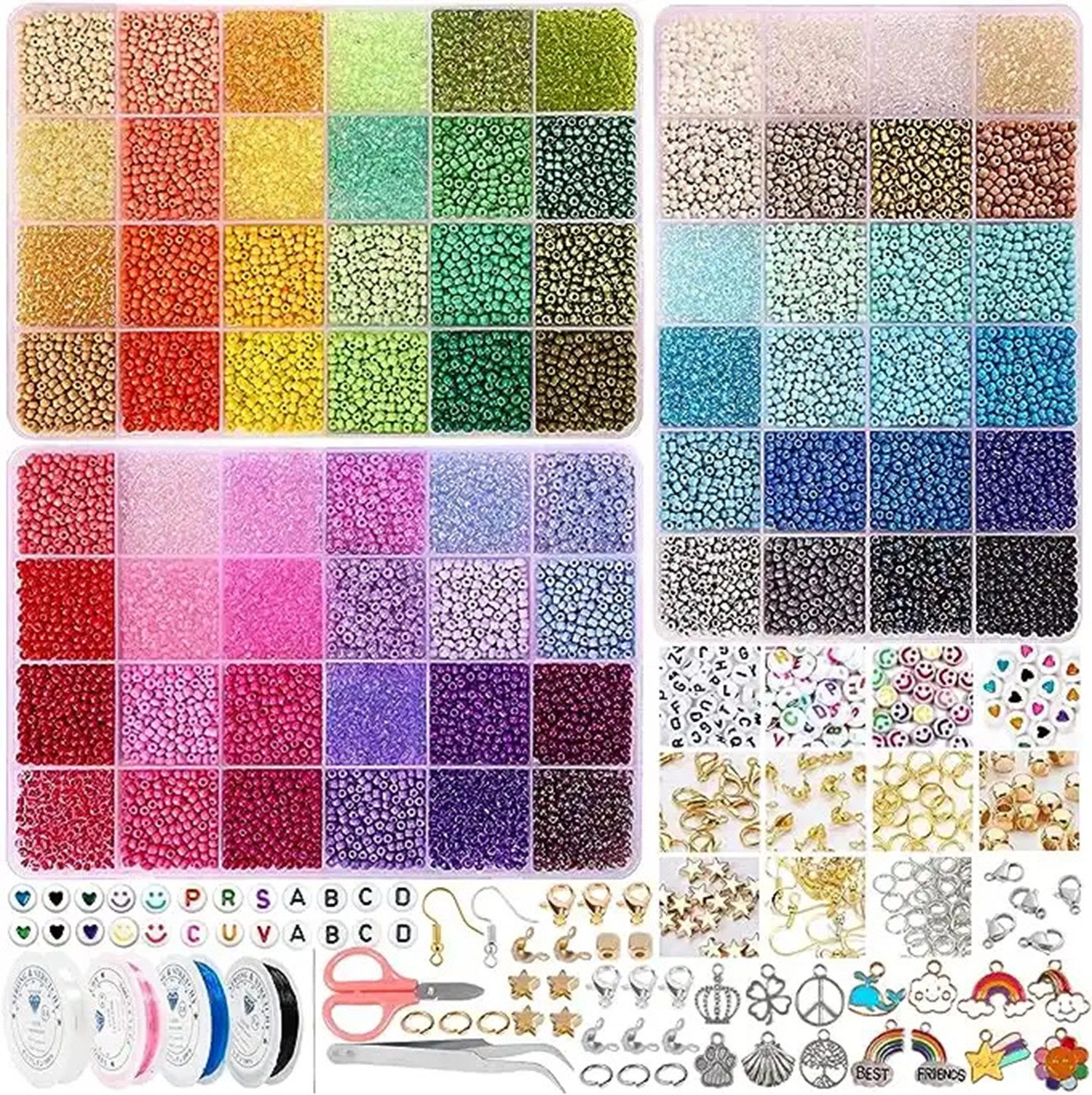 Flintry Kreativset Bastelperlen Armband Perlen DIY Armbandperlen-Set in 72 Farben, 3 mm, Perlen-Set,Schmuckherstellung Set mit Alphabet-Perlen,geschenke