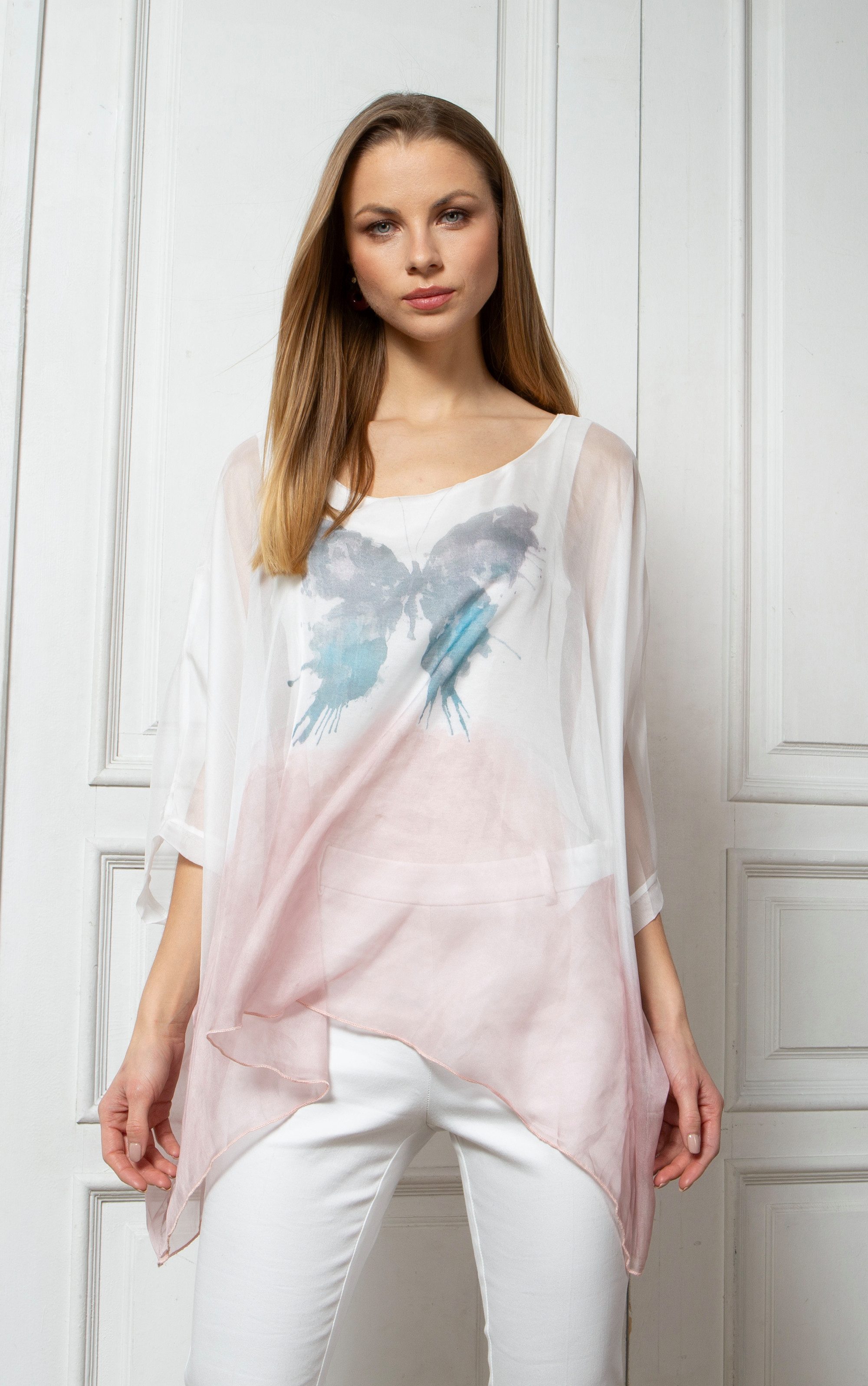 Passioni Chiffontunika Weiße Tunika mit wunderschönem Schmetterlingsdruck