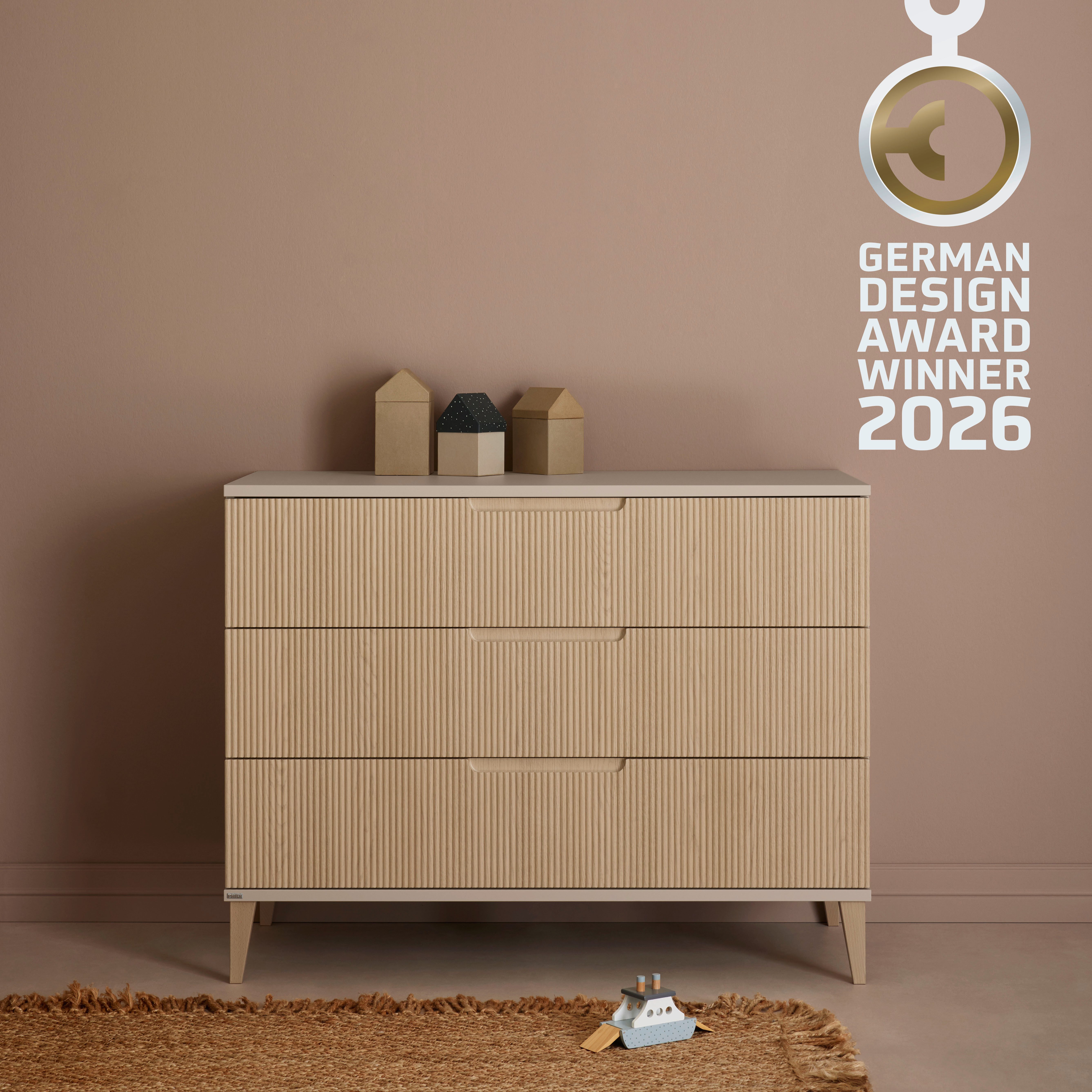 PAIDI Wickelkommode JONTE in Beige & Eichefarben, 3 Schubladen mit Soft-Close, Vollauszug, Kommode 124 cm Breite, Wickeltisch mit Massivholz-Füßen