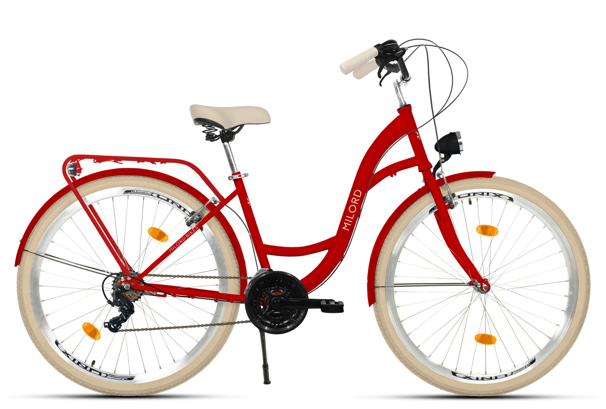 Milord Cityrad Damenfahrrad Citybike Hollandrad Vintage Fahrrad, Rot, 26/28 Zoll, 21 Gang, (Fahrradständer, Gepäckträger, Klingel, Korb, Kotflügel)