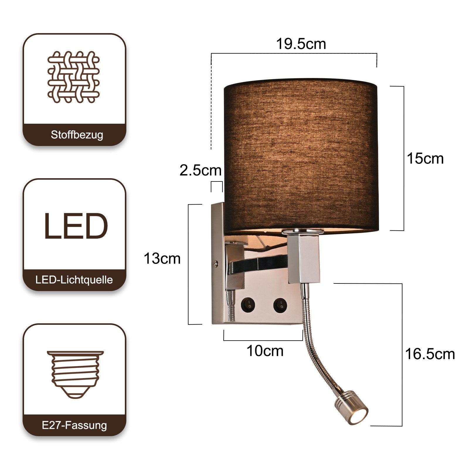 ZMH Wandleuchte Bettlampe mit Schalter Leselampe verstellbar Beleuchtung, drehbar, LED wechselbar, Wandleuchte mit Leselicht E27 Wandlampe mit Flexarm für Schla – Bild 3 von 5