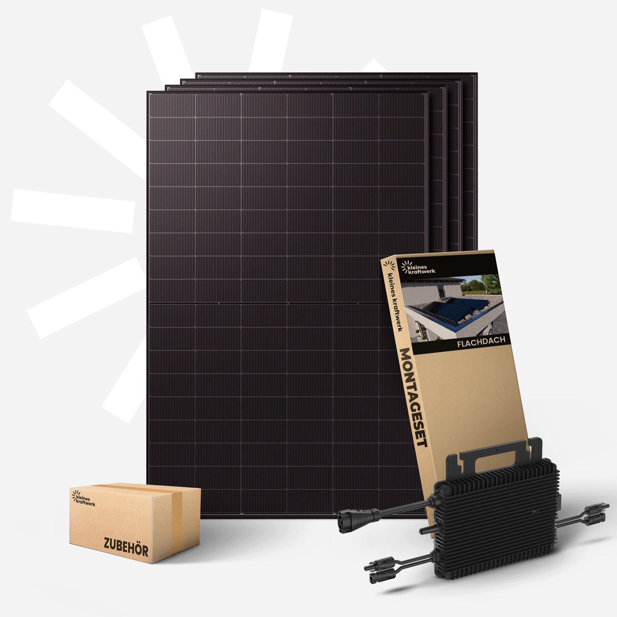 Kleines Kraftwerk Balkonkraftwerk, 2000 W, Monokristallin, (Flachdach/Garten, Solaranlage Komplettset mit Wechselrichter), 4 x 500W, Wechselrichter, Stromanschlusskabel, Solarverlängerungskabel