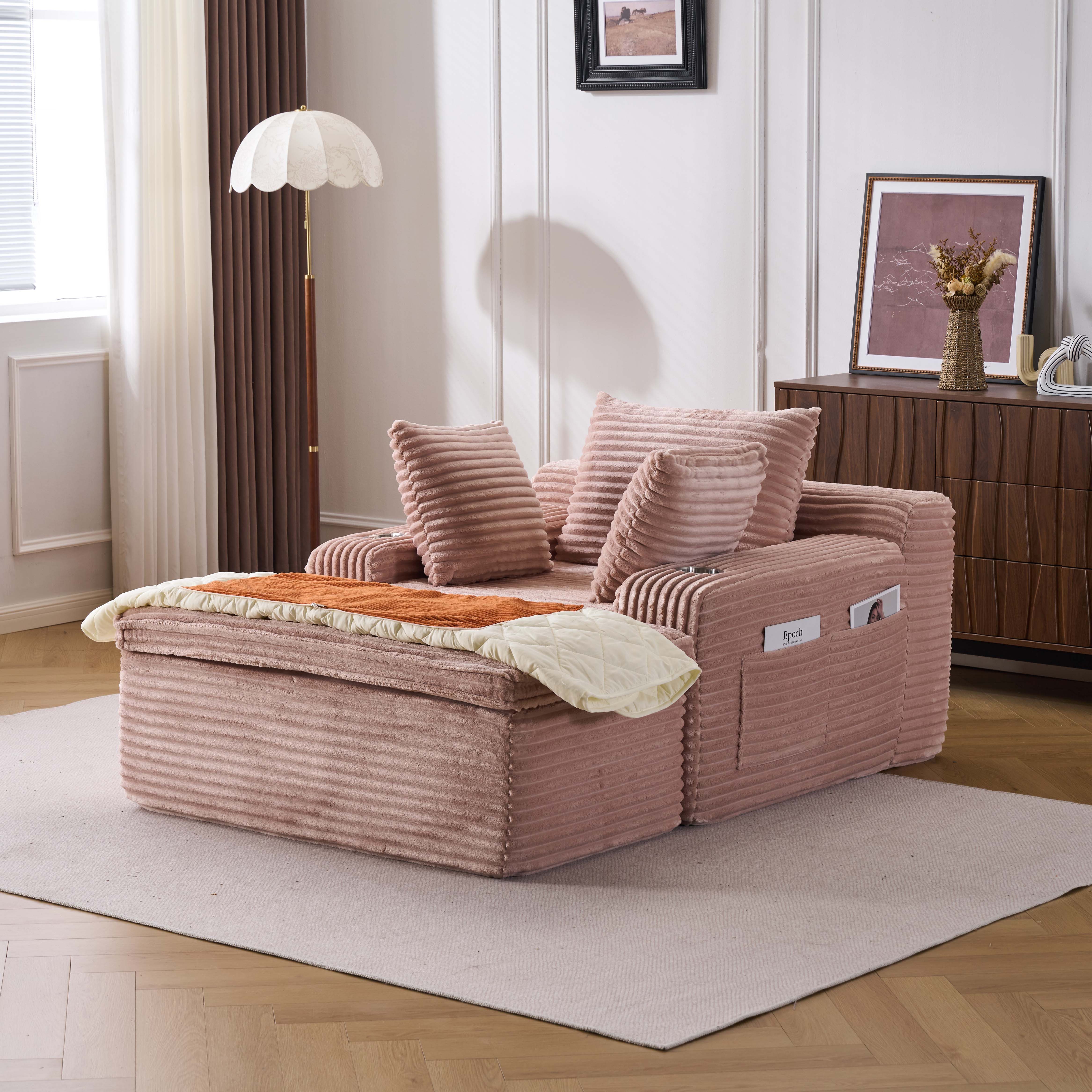 Leawin Sofa Sofas Wohnzimmer Schlafsofa Couch klein Cord Relaxsessel, Werkzeuglos, weich gepolstert mit Decken-Kissen & Getränkehaltern