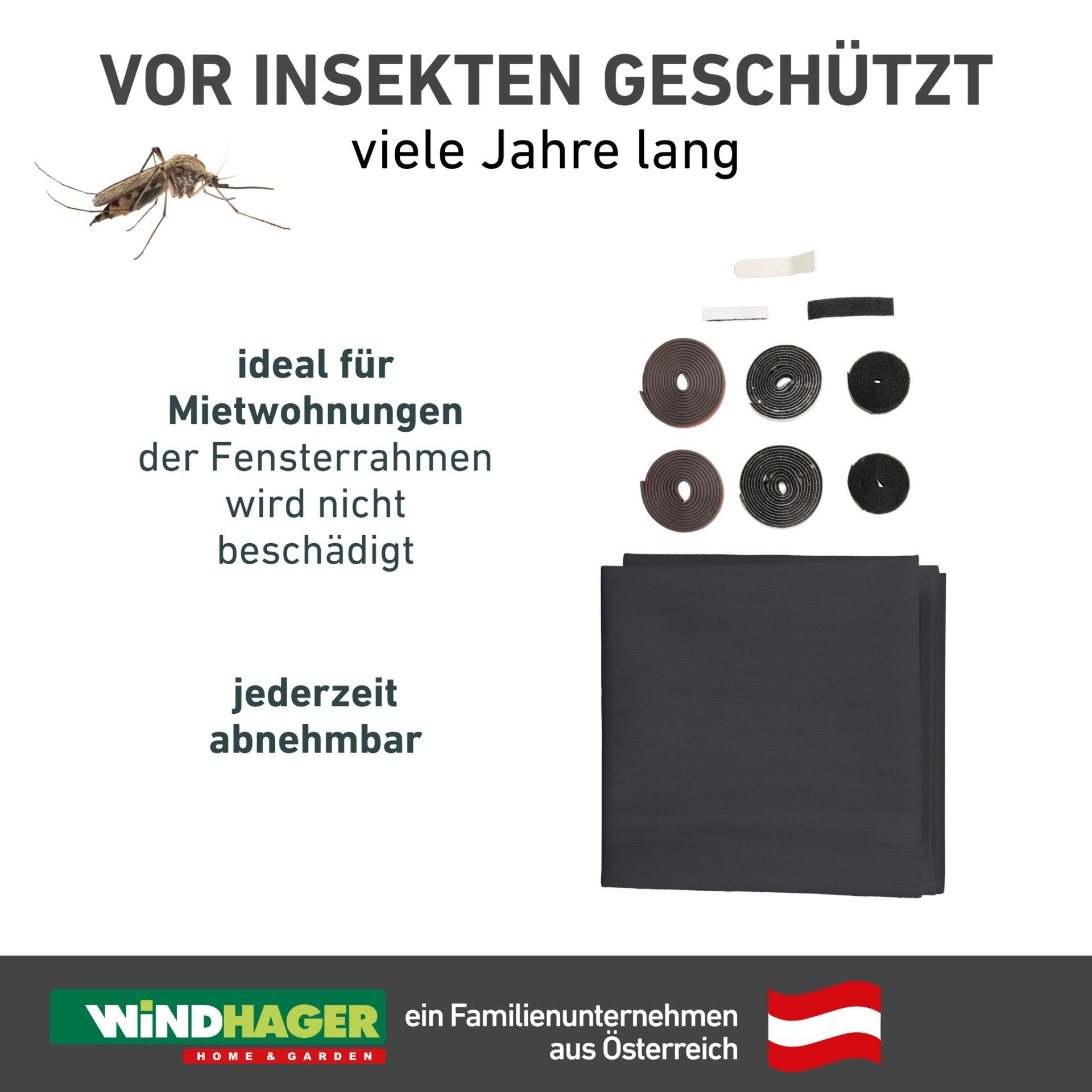 Windhager Insektenschutz-Vorhang mit Magnetstreifen für Fenster aus UV-beständigem Polyestergewebe, Fliegengitter, 130 x 150 cm, Mückenschutz in anthrazit, ohne bohren