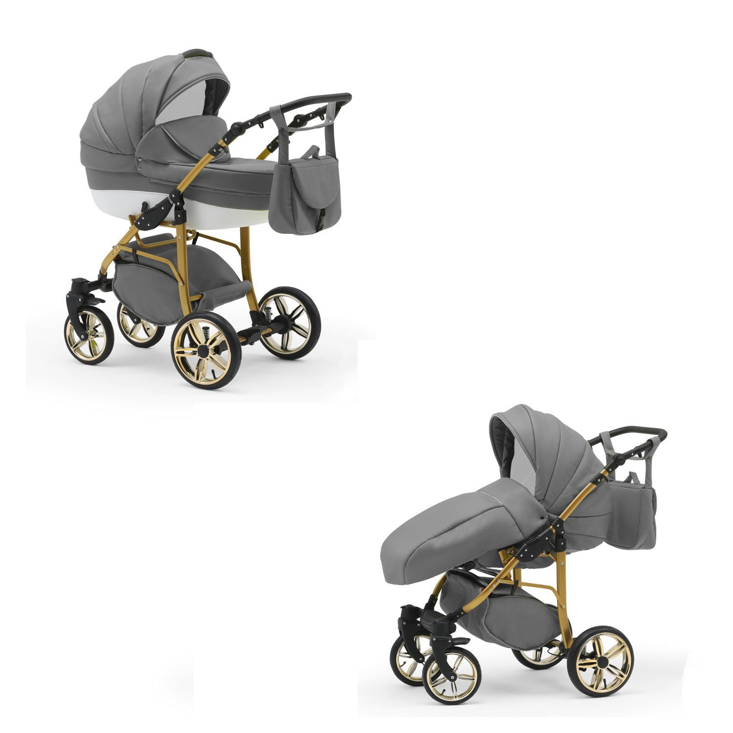 babies-on-wheels Kombi-Kinderwagen 2 in 1 - Farben in Gold Teile - Kinderwagen-Set Grau-Weiß Cosmo 46 13