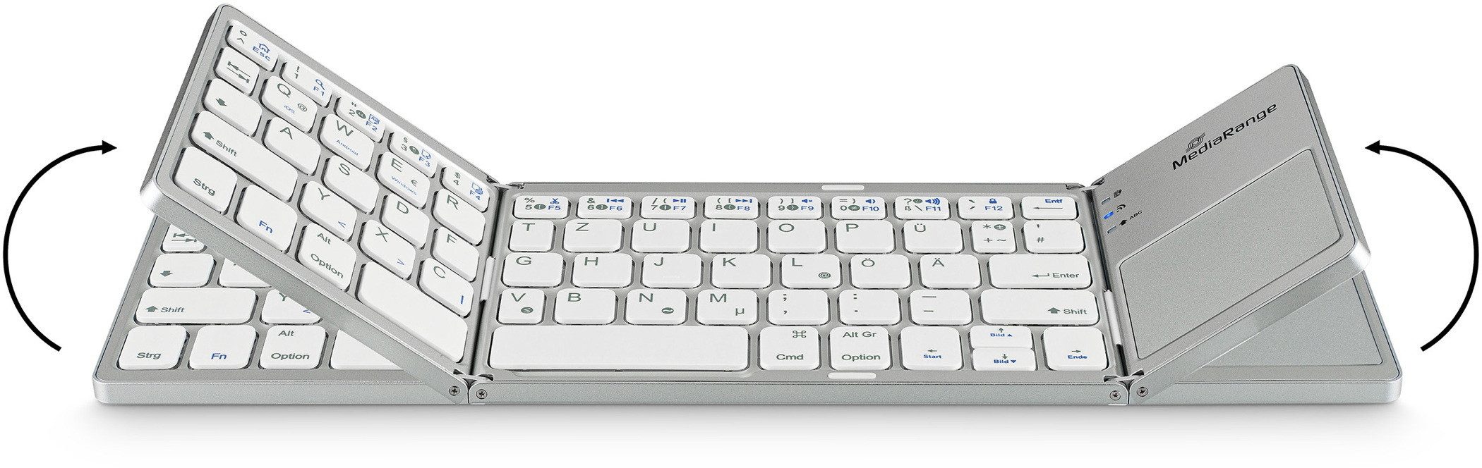Mediarange Multi-pairing Funk Tastatur faltbar QWERTZ 63 Tasten Touchpad silber Tastatur