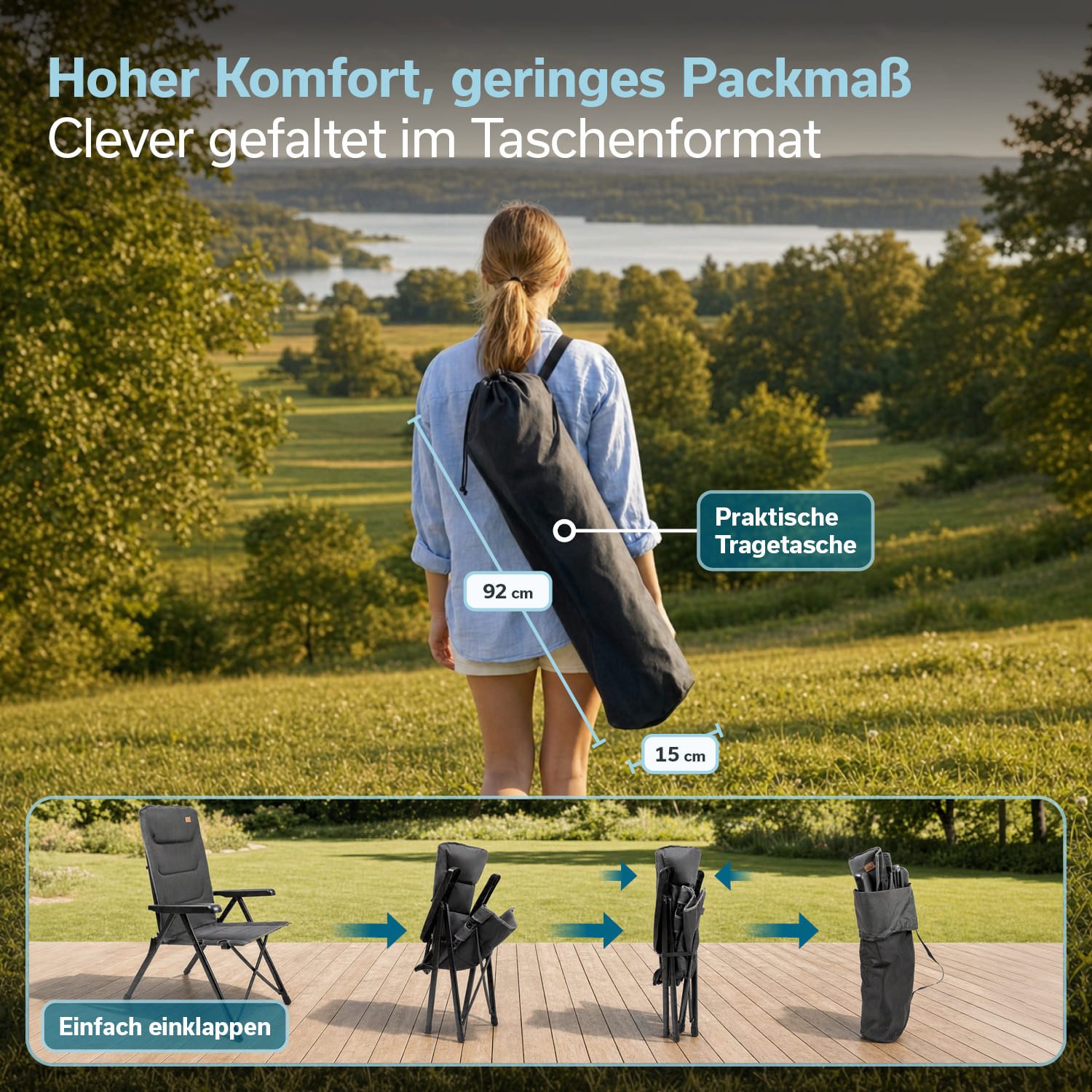 Skandika Campingstuhl Lepola Easy Pack, faltbar, kompakt, kleines Packmaß, Alu-Gartenstuhl (Anti-Rutsch-Füße, komfortable hohe Lehne), 7-fach verstellbare Rückenlehne, Max. Nutzergewicht 150 kg
