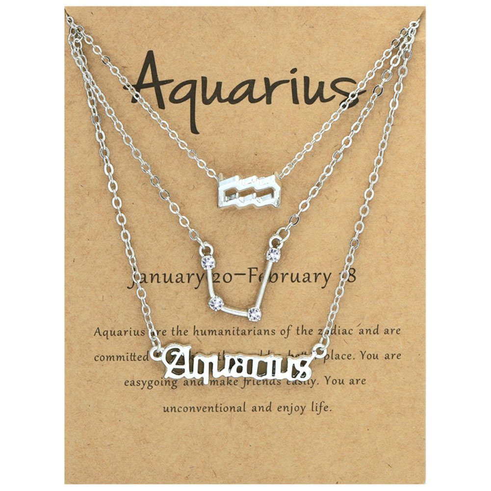 Blusmart Herzkette 3PCS 12 Zodiacs Halskette Für Frauen Vintage Alphabete Silber Aquarius