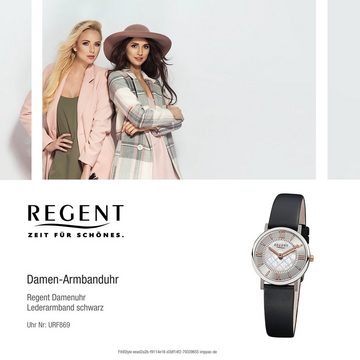 Regent Quarzuhr Regent Damen-Armbanduhr schwarz Analog, Damen Armbanduhr rund, klein (ca. 27mm), Lederarmband