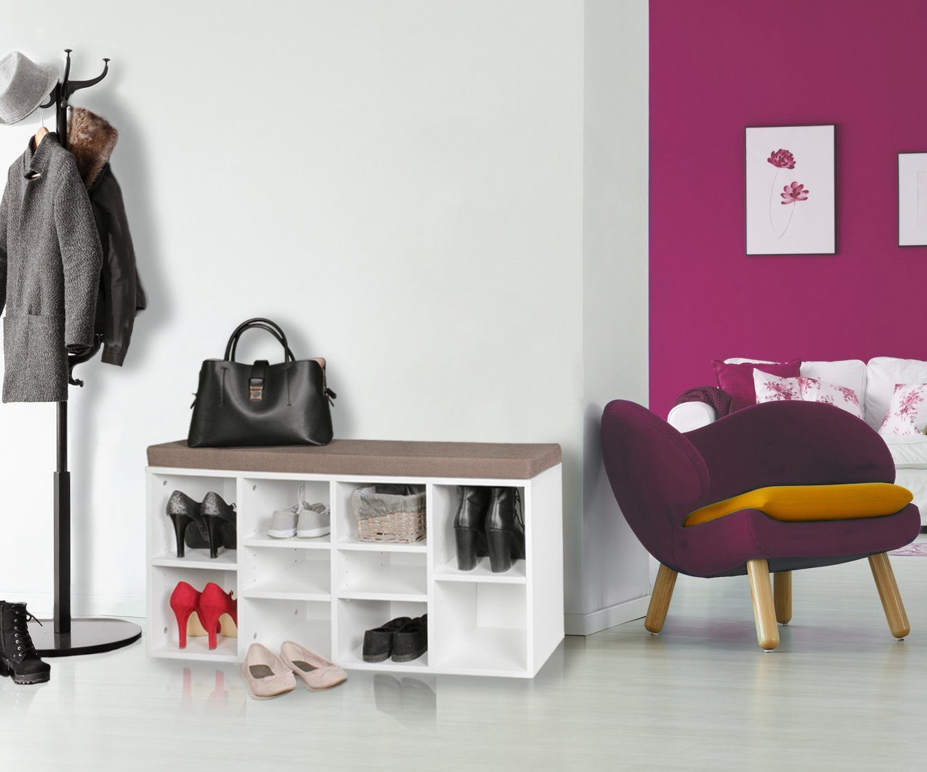 Schuhschrank - Wohnraumlösung Sitzfläche stilvolle Weiß Stauraum mit KADIMA DESIGN Schuhbank &