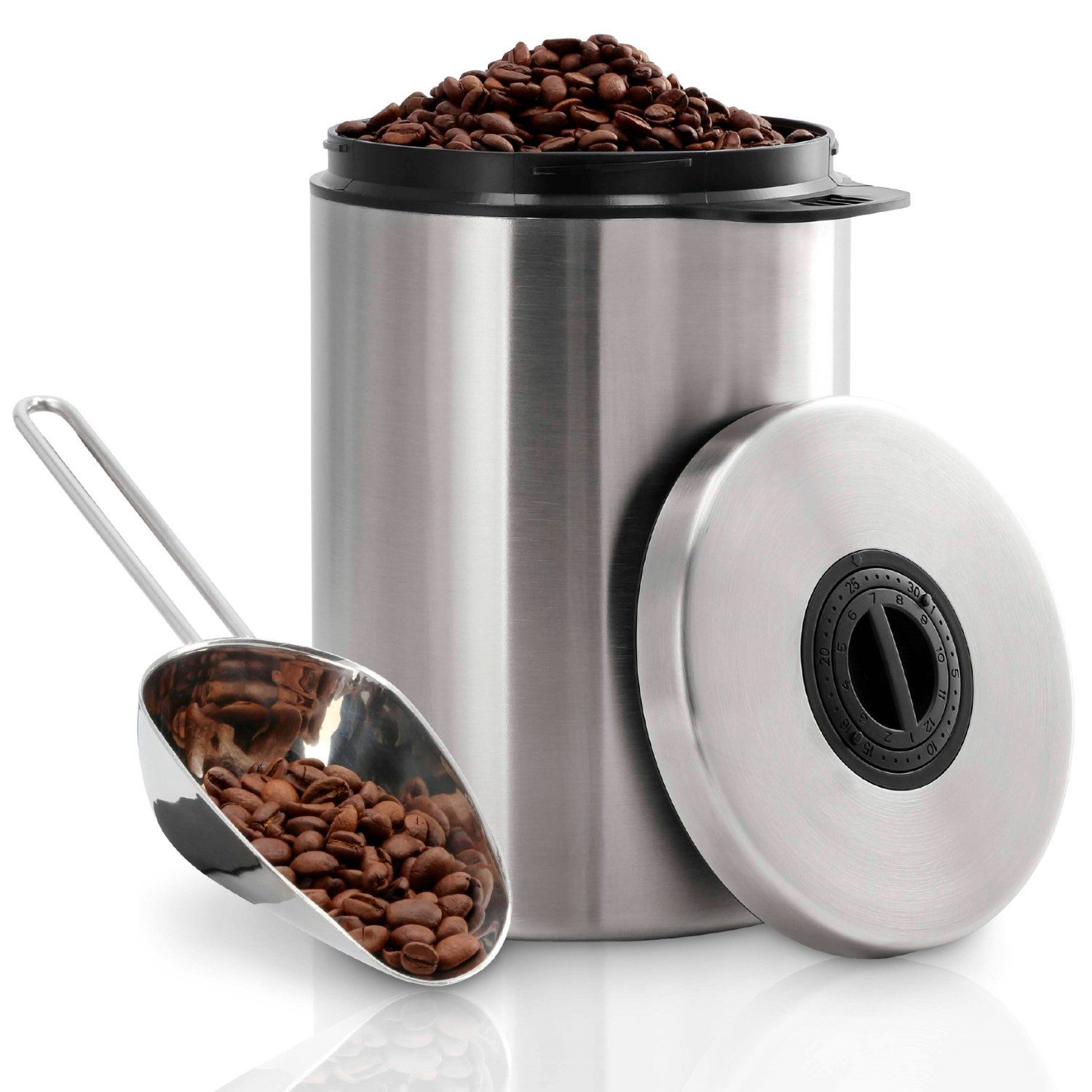 Xavax Kaffeedose Kaffeedose Edelstahl Luftdicht + Dosierlöffel, Edelstahl, (1-tlg), 1kg Vorratsdose Behälter Dose Kaffeebohnen Kaffeepulver Lebensmittel