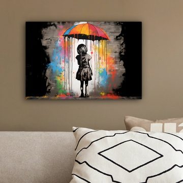 OneMillionCanvasses® Leinwandbild Mädchen - Kunst - Regenschirm - Graffiti - Farben - Wand, (1 St), Wandbild Leinwandbilder, Aufhängefertig, Wanddeko, 30x20 cm