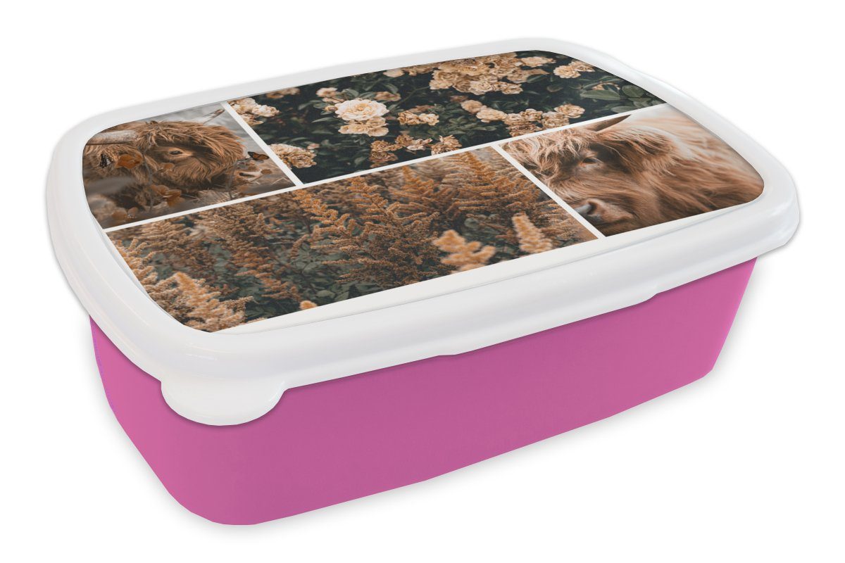 MuchoWow Lunchbox Scottish Highlander - Blumen - Pflanzen - Braun, Kunststoff, (2-tlg), Brotbox für Erwachsene, Brotdose Kinder, Snackbox, Mädchen, Kunststoff rosa