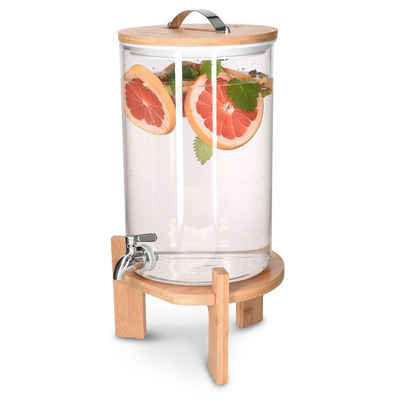 Navaris Getränkespender, mit Zapfhahn aus Edelstahl - Glas Wasserspender mit Stand aus Bambus Holz - Spender aus hitzebeständigem Borosilikatglas